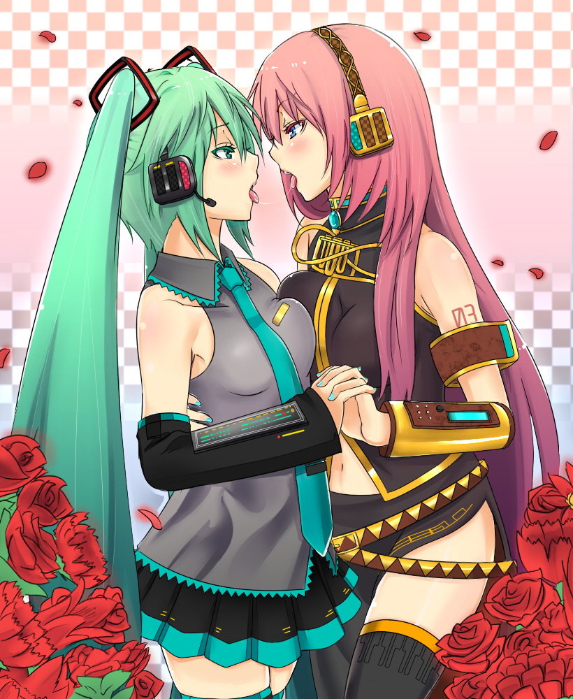 2girls after_kiss aqua_hair aqua_nails armband asymmetrical_docking bare_shoulders belt black_detached_sleeves black_skirt blue_eyes blue_gemstone blue_nails blush breast_press brooch checkered_background collared_shirt colored_eyelashes couple embrace eye_contact face-to-face female female_focus female_only flower gem grey_shirt hair_between_eyes hatsune_miku headphones headset holding_hands hug interlocked_fingers jewelry large_breasts legs lesbian_couple long_hair long_skirt looking_at_another matching_hair/eyes medium_breasts megurine_luka multiple_belts multiple_girls nail_polish navel neck necktie nuko_(mikupantu) open_mouth petals pink_hair pleated_skirt red_flower red_rose rose round_teeth saliva saliva_trail shirt side_slit skirt sleeveless sleeveless_turtleneck standing teeth thighhighs tongue tongue_out turtleneck twintails very_long_hair vocaloid yuri