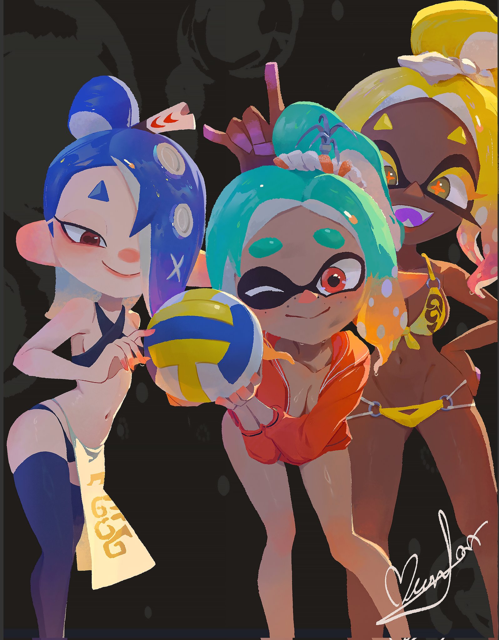 3girls, beach, beach volleyball, bikini, blue hair, cyan hair, dark skin, dark-skinned female, female, female focus, frye (splatoon raiders), frye (splatoon), frye onaga, inkling, inkling girl, light skin, light-skinned female, maroon eyes, mechanic (splatoon raiders), nintendo, olive eyes, red eyes, red orange eyes, shiver (splatoon raiders), shiver (splatoon), shiver hohojiro, splatoon, splatoon (series), splatoon raiders, swimsuit, swimwear, tagme, twitter link, volleyball, yellow hair, zhang tian57284