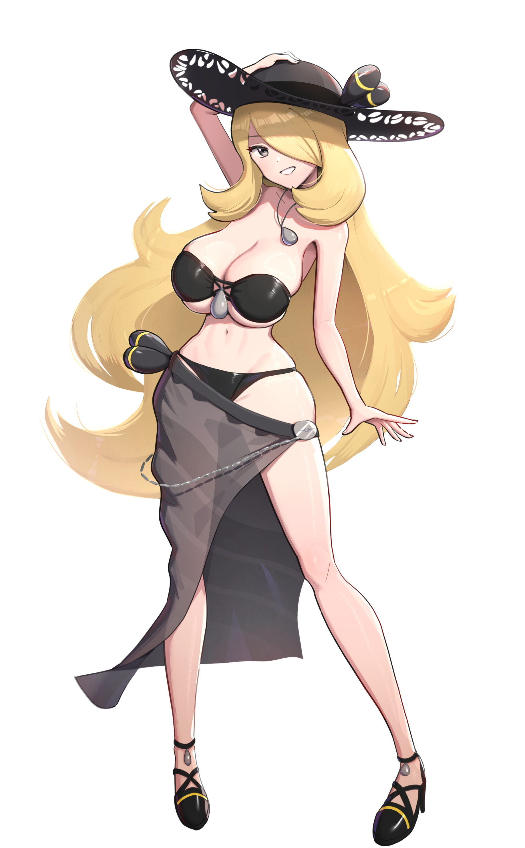 absurdres, alternate breast size, bare shoulders, bikini, black bikini, black sarong, blonde hair, breasts, cleavage, cynthia (pokemon), female, female only, gonzarez, hair ornament, hair over one eye, hat, high heels, highres, jewelry, long hair, looking at viewer, navel, necklace, nintendo, open mouth, pokemon, pokemon dppt, sarong, see-through clothes, see-through sarong, simple background, smile, solo, stomach, sun hat, swimsuit, very long hair