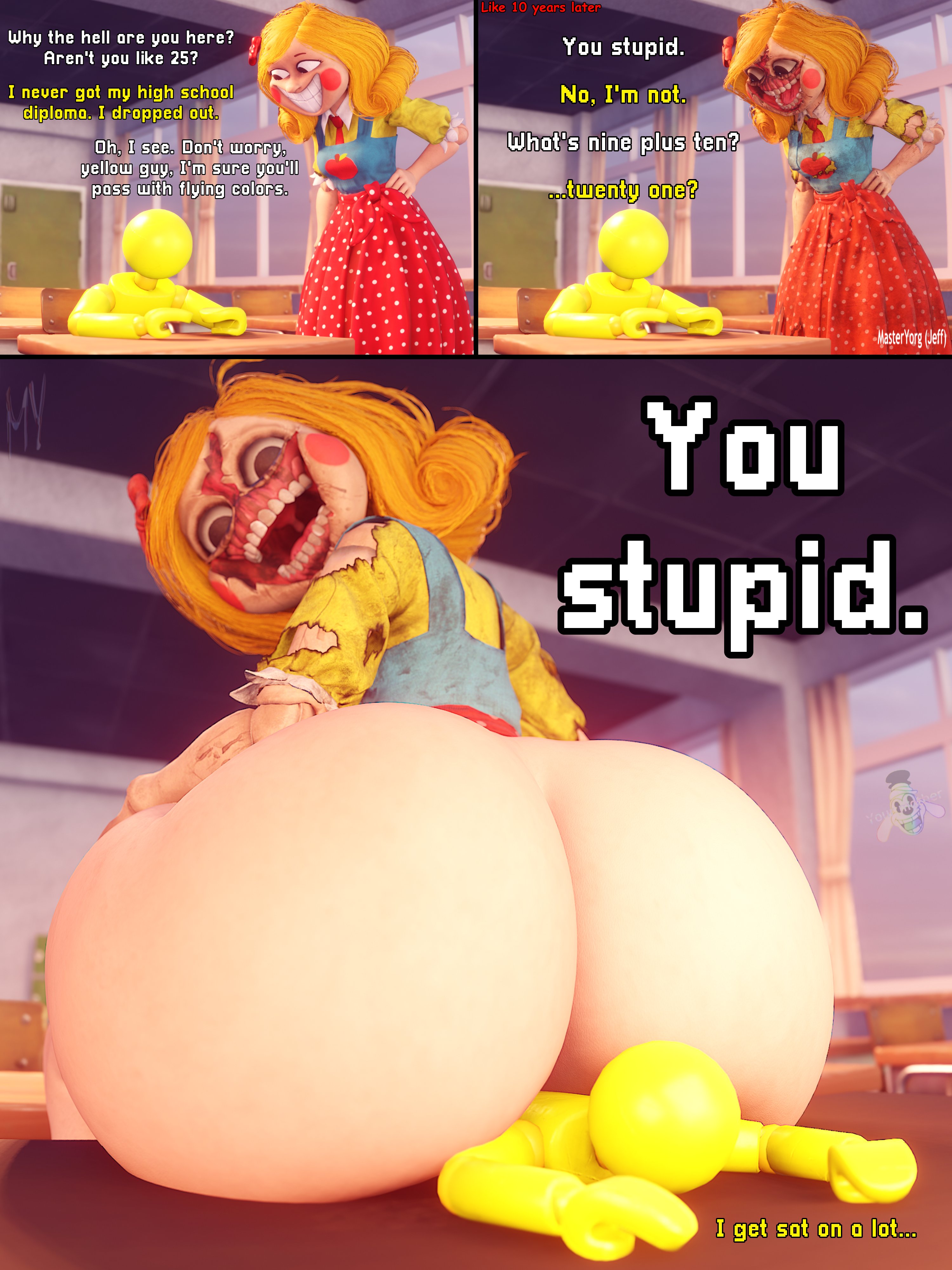 ass, big ass, big butt, enormous ass, enormous butt, huge ass, masteryorg0, meme, miss delight, miss delight (broken), poppy playtime, poppy playtime (chapter 3), sitting, sitting on person, teacher, teacher and student