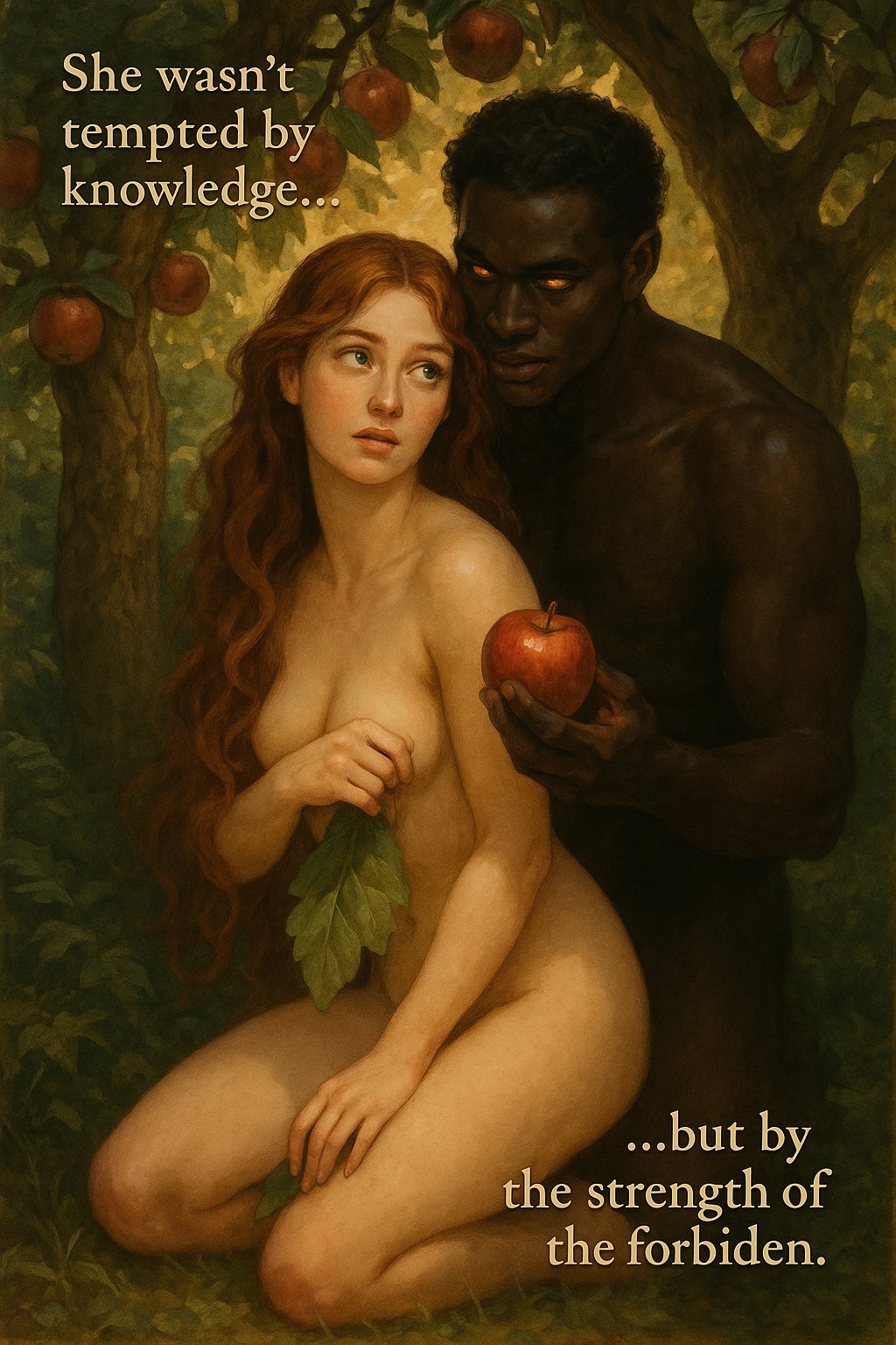 1boy, 1girls, 2025, 2d, ai generated, bible, christianity, dark skin, dark-skinned male, english text, eve (bible), female, femsub, interracial, male, maledom, muscular, muscular male, nationplaylove, red hair, satan, tagme, text