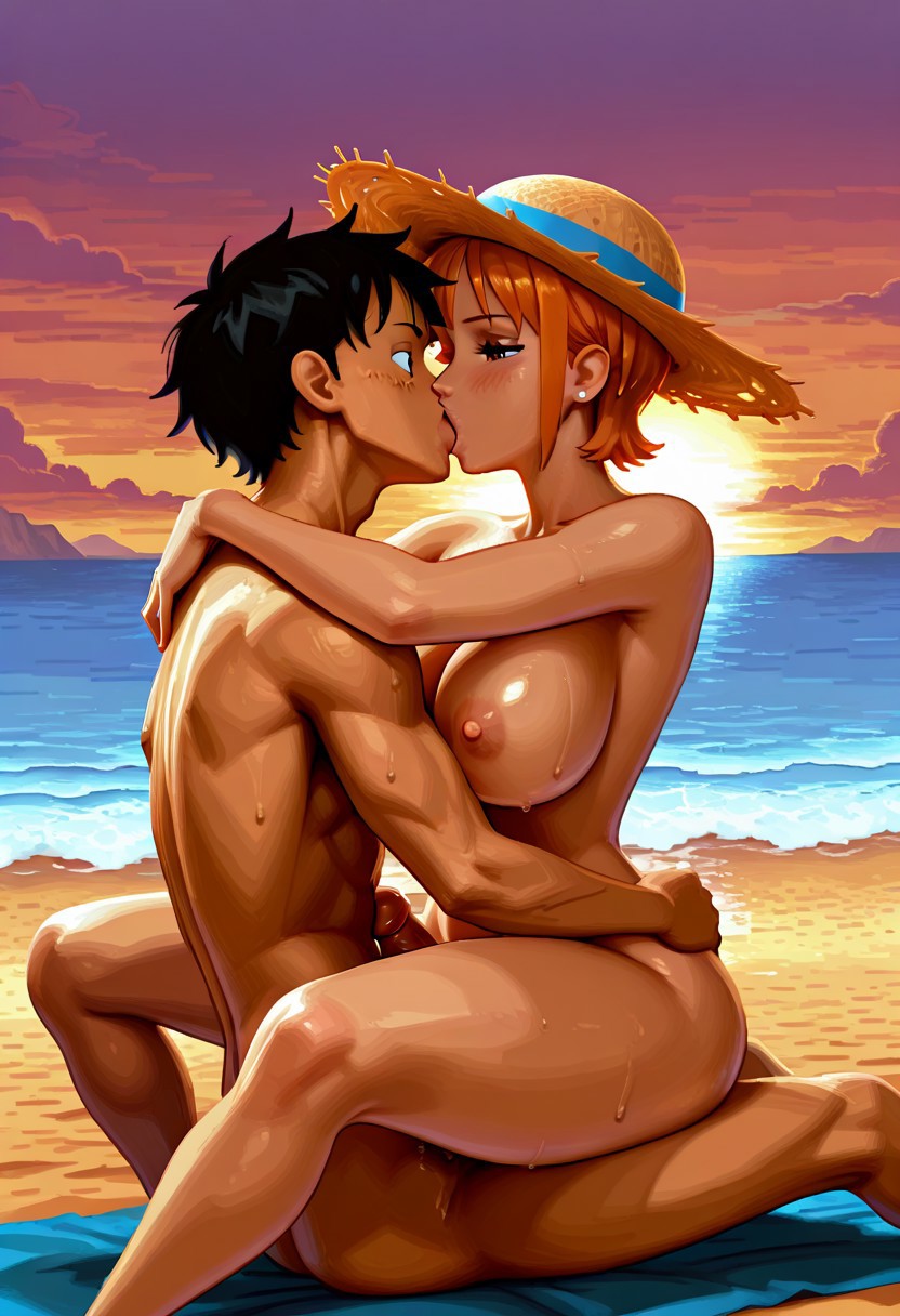 1boy1girl ai_generated beach big_breasts black_hair civitai couple female french_kiss hug huge_breasts in_love kissing lotus_position male monkey_d_luffy muscles nami_(one_piece) nipples nude ocean one_piece orange_hair pixel_art romantic self_upload sex short_hair_female straight straw_hat sunset sweat unclego