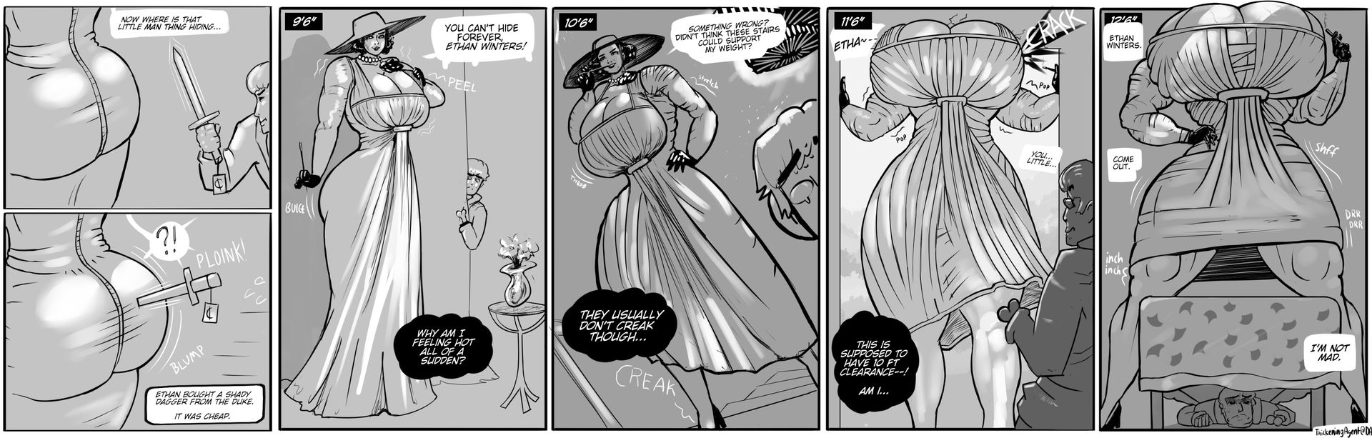 alcina dimitrescu, body growth, body growth (enlargement), breast expansion, breast growth, breast growth (enlargement), breasts, ethan winters, female, giantess, giantess growth, gigantification, growth, height growth, knife, large female, larger female, mini giantess, muscle growth, muscles, resident evil, resident evil 8: village, size difference, stronger female, thickeningagent