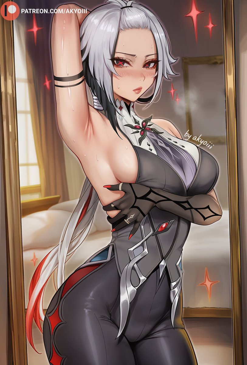 1girls, ai, ai assisted, ai generated, akyoi, arlecchino (genshin impact), armpit, ass, bedroom, big breasts, black eyes, blush, breasts, female, genshin impact, hoyoverse, long hair, looking at viewer, mirror, multicolored hair, patreon, streaked hair, symbol-shaped pupils, teasing, thick thighs, white hair, x-shaped pupils