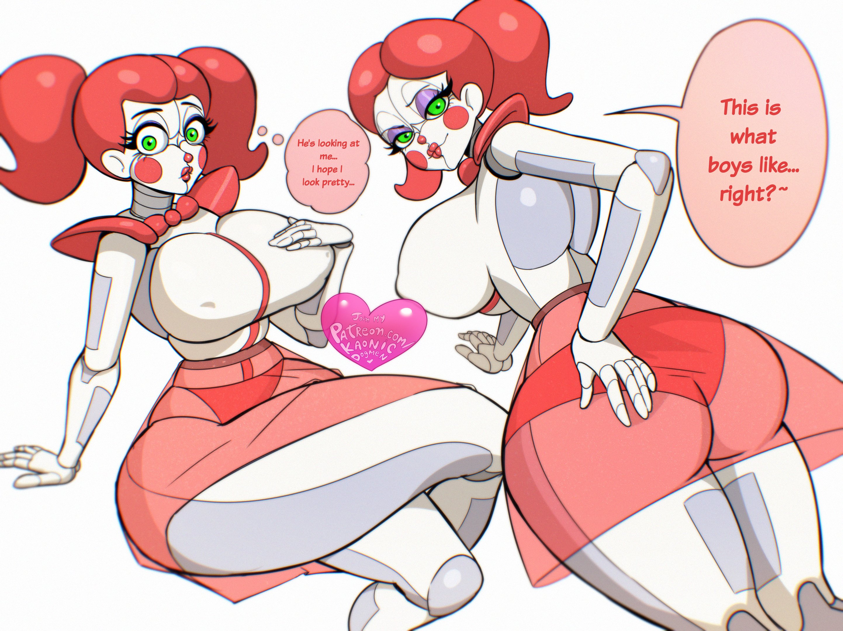 ass, baby (fnafsl), breasts, circus baby, circus baby (fnaf), clown, clown girl, female, five nights at freddy's, five nights at freddy's: sister location, green eyes, hourglass figure, huge ass, huge breasts, kaonicdogmen, robot, robot girl, see-through clothing, see-through dress, solo, thick ass, thick hips, thick thighs, wide hips