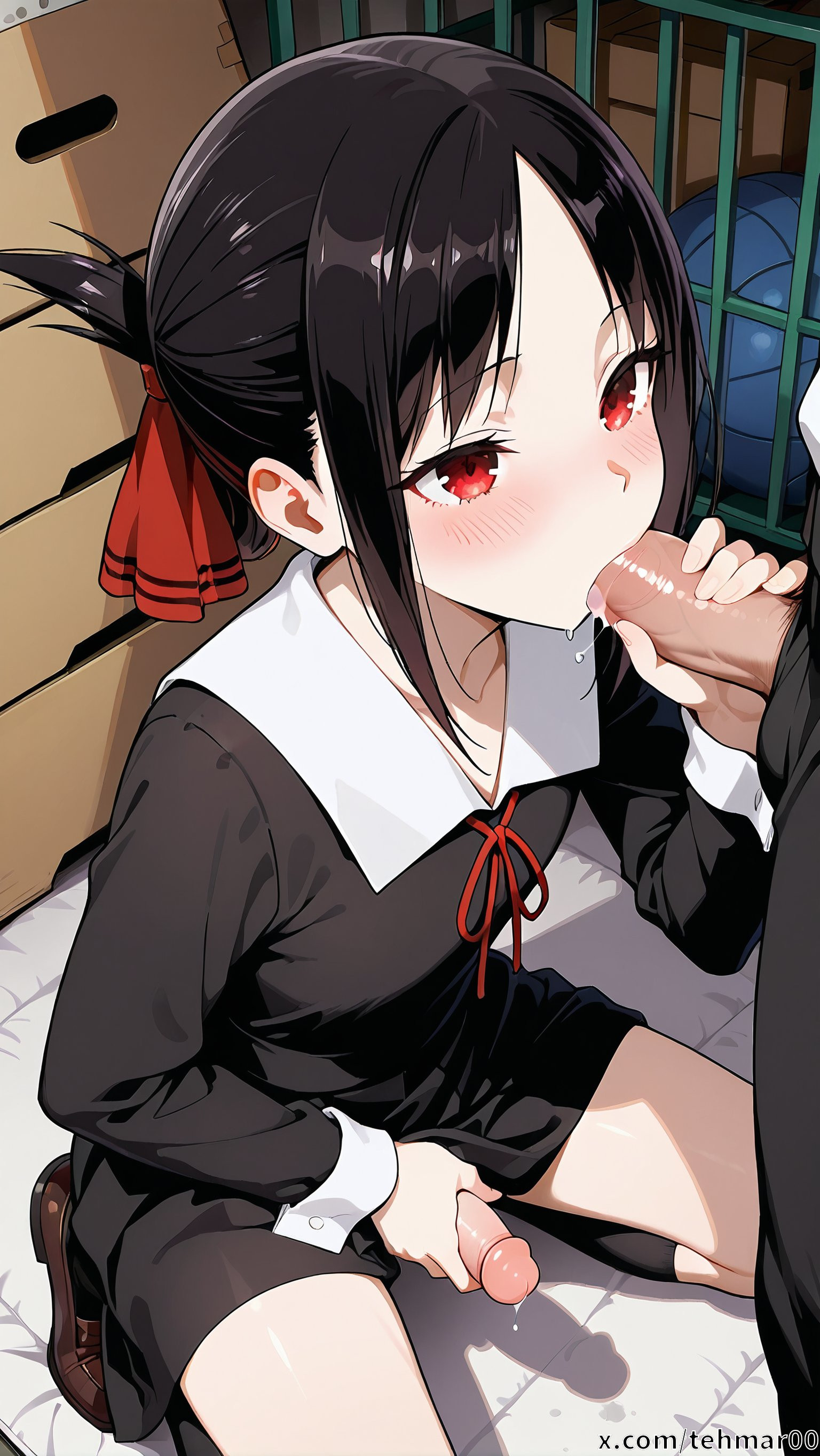 2boys, ai generated, black dress, black hair, fellatio, femboy, flat chest, genderswap, genderswap (ftm), kaguya-sama wa kokurasetai ~tensai-tachi no renai zunousen~, male, masturbation, penis, red eyes, ribbon, rule 63, shinomiya kaguya, shuuchiin academy school uniform, storage room, tagme, tehmar, trans woman, transfem, trap, yaoi