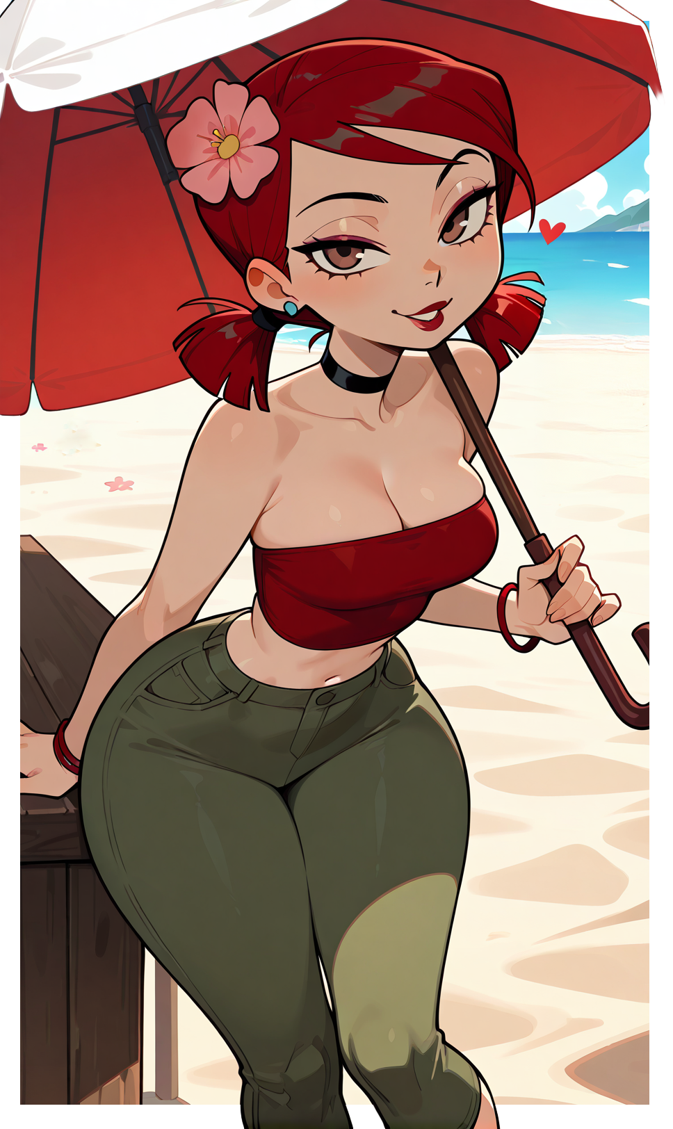 ai_generated black_choker breasts choker cleavage earrings female flower green_pants hair_flower hair_ornament jewelry looking_at_viewer pants red_hair smile solo strapless total_drama:_revenge_of_the_island total_drama_island tube_top twintails umbrella zoey_(tdi)