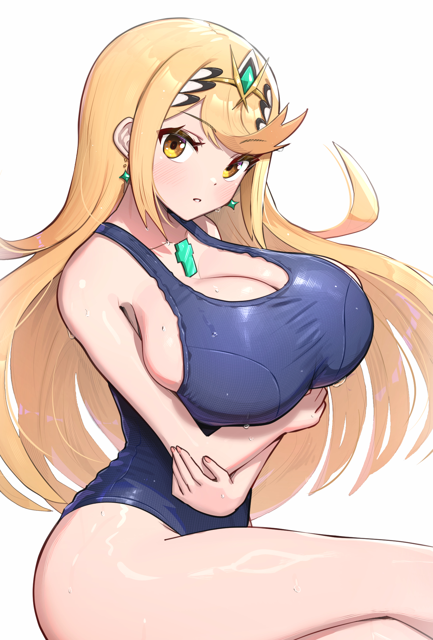 alternate costume, blonde hair, blue one-piece swimsuit, blush, breasts, chest jewel, cleavage, core crystal (xenoblade), crossed arms, earrings, female, female only, gonzarez, highres, jewelry, large breasts, long hair, mythra, mythra (xenoblade), new school swimsuit, one-piece swimsuit, school swimsuit, school uniform, simple background, swimsuit, thighs, tiara, very long hair, white background, xenoblade (series), xenoblade chronicles 2, yellow eyes