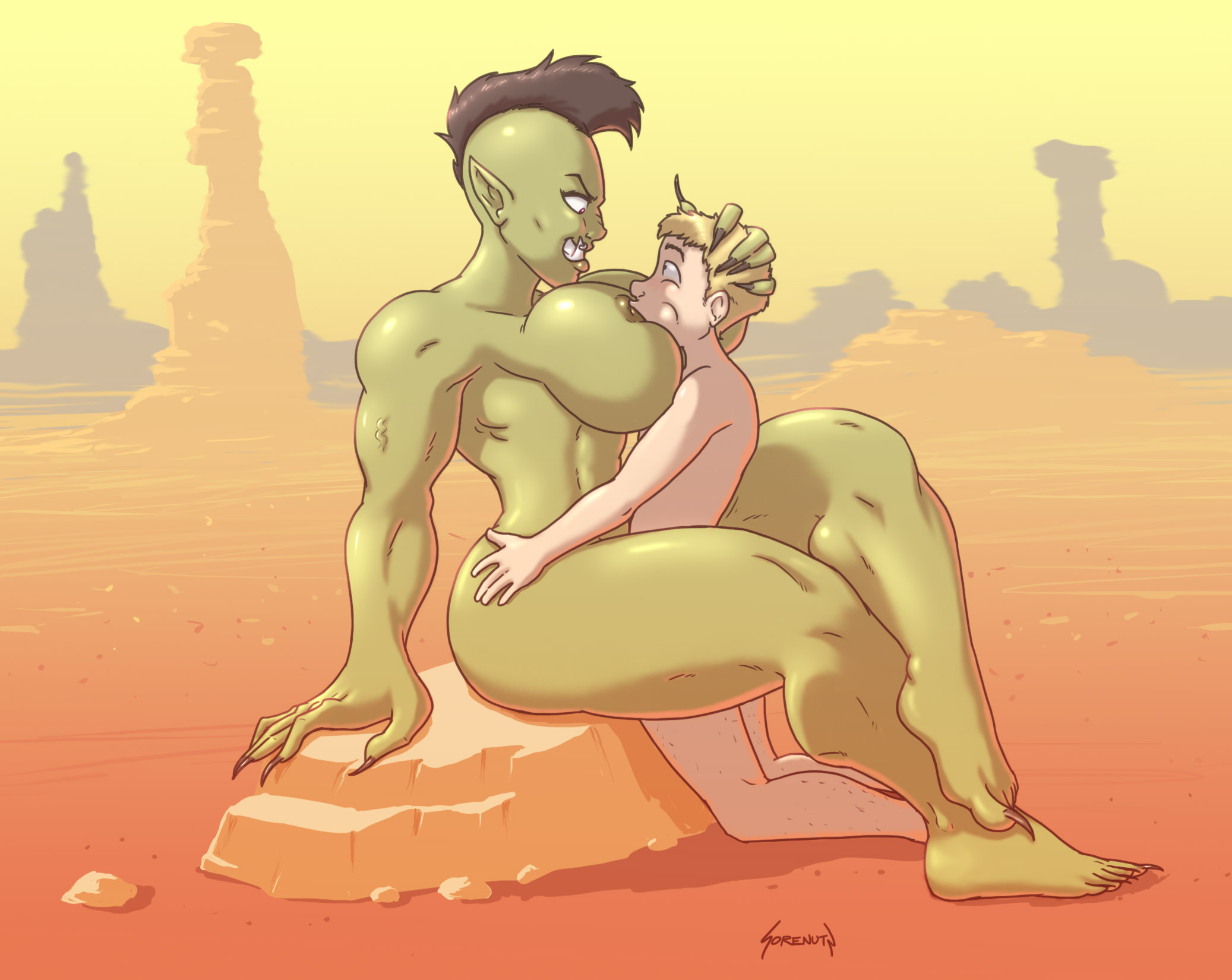 areolae, arm support, ass, barefoot, big ass, black hair, blonde hair, breasts, curvy, desert, domination, evil grin, eye contact, feet, female, femdom, forced, full body, green skin, head grab, huge breasts, human, human male, human on humanoid, humanoid, large breasts, larger female, leg wrap, light skin, light-skinned male, long nails, looking at another, male, male human/female humanoid, male human/orc female, male/female, malesub, mohawk, muscles, muscular, muscular female, nude, orc, orc female, outdoors, pointy ears, pussy, red eyes, sex, sharp fingernails, sharp toenails, side view, signature, size difference, smaller male, smile, sorenutz, toes, toned, tusk piercing, tusks, vaginal penetration