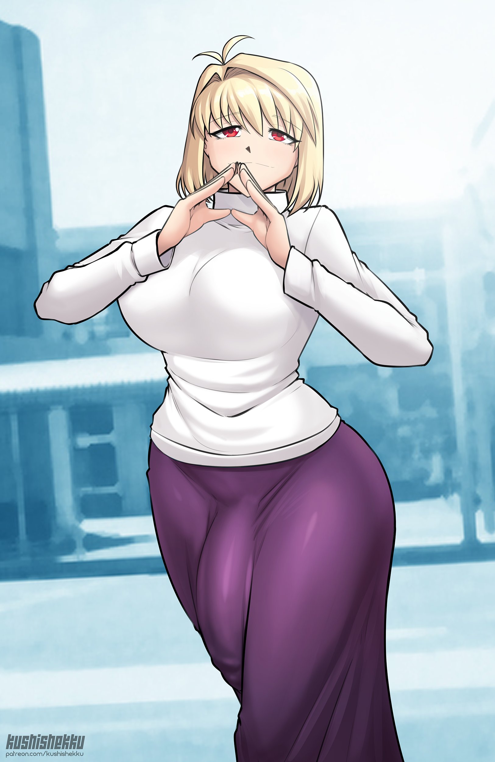 1futa, arcueid brunestud, big breasts, big penis, blonde futa, blonde hair, blush, bulge, bulge under clothes, busty, dick, dickgirl, enormous breasts, erect penis, erection, erection under clothes, fat cock, futa only, futanari, hands together, heart, huge breasts, huge cock, kushishekku, large breasts, large penis, melty blood arcueid figure (meme), meme, mostly clothed, penis, penis outline, penis under clothes, solo, solo futa, tsukihime