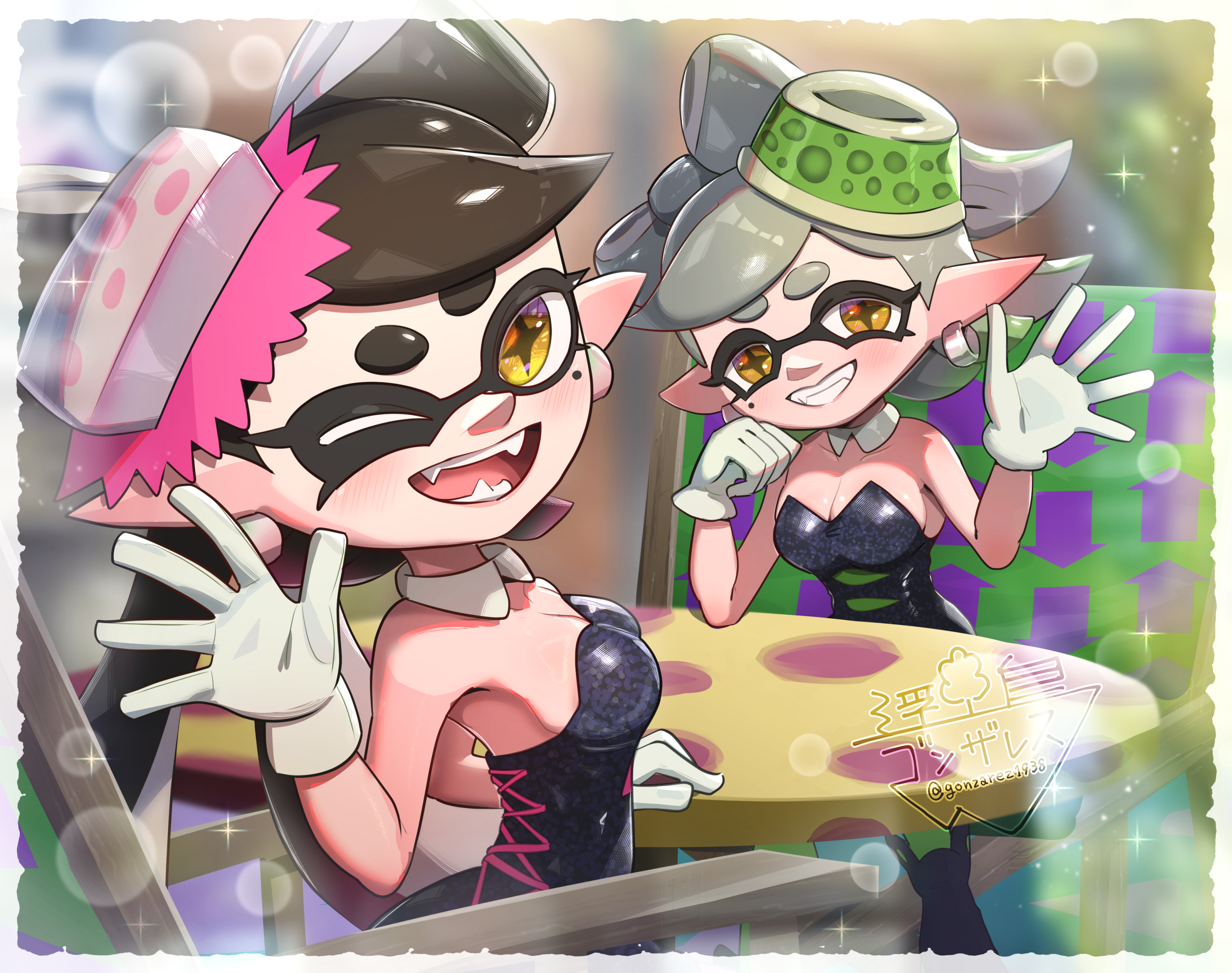 2girls, alternate breast size, bare arms, bare shoulders, black dress, black hair, black jumpsuit, bow-shaped hair, breasts, callie (splatoon), cleavage, collarbone, commentary request, cousins, detached collar, dress, earrings, fangs, female, female only, gloves, gonzarez, gradient hair, grey hair, half updo, highres, hoop earrings, inkling, jewelry, jumpsuit, large breasts, looking at viewer, looking back, marie (splatoon), mole, mole under eye, multicolored hair, multiple females, multiple girls, nintendo, one eye closed, pointy ears, short dress, short jumpsuit, splatoon, splatoon (series), squid sisters, twitter link