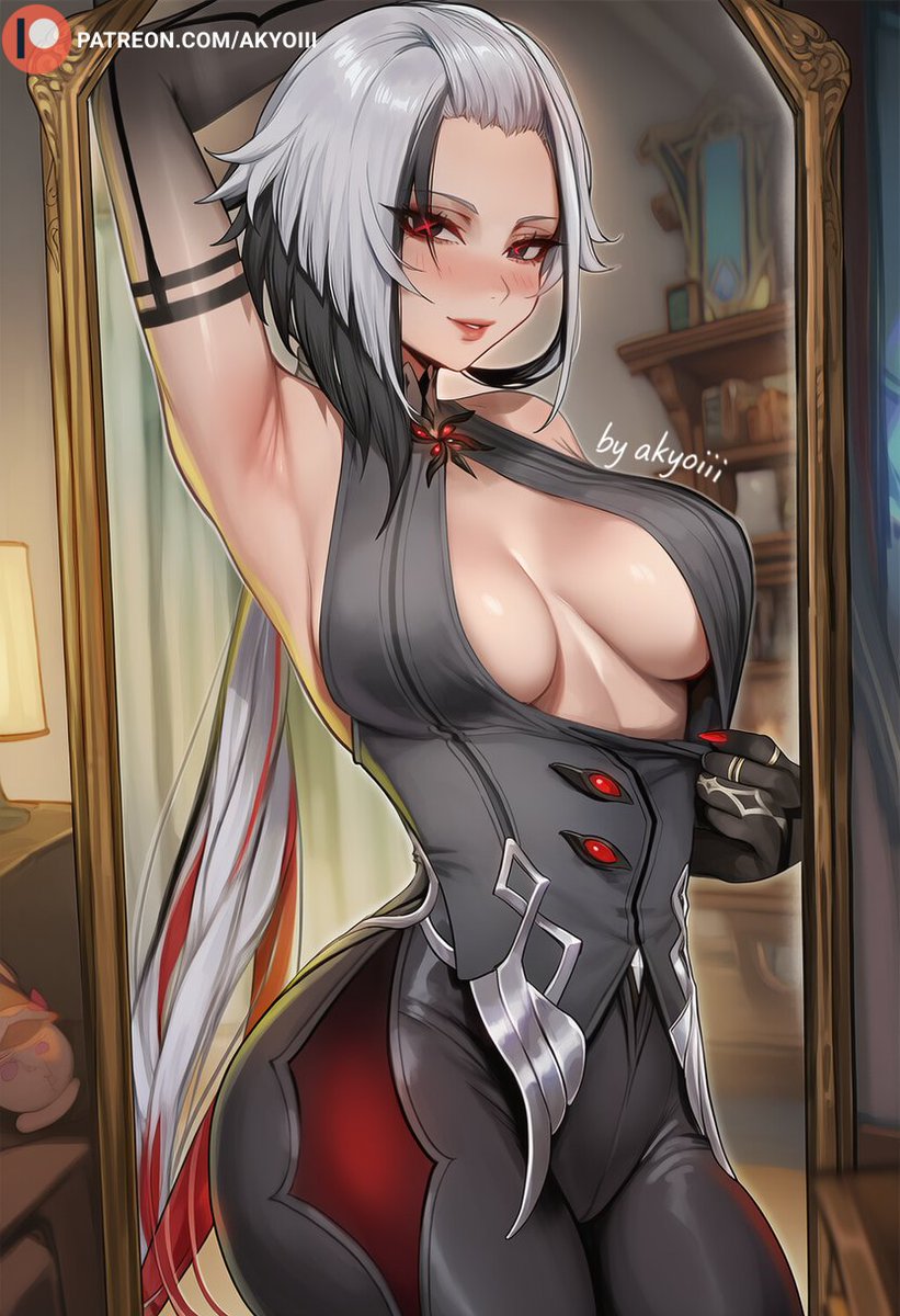 1girls, ai, ai assisted, ai generated, akyoi, arlecchino (genshin impact), armpit, ass, big breasts, black eyes, blush, breasts, female, genshin impact, hoyoverse, long hair, looking at viewer, mirror, multicolored hair, patreon, streaked hair, symbol-shaped pupils, teasing, thick thighs, white hair, x-shaped pupils