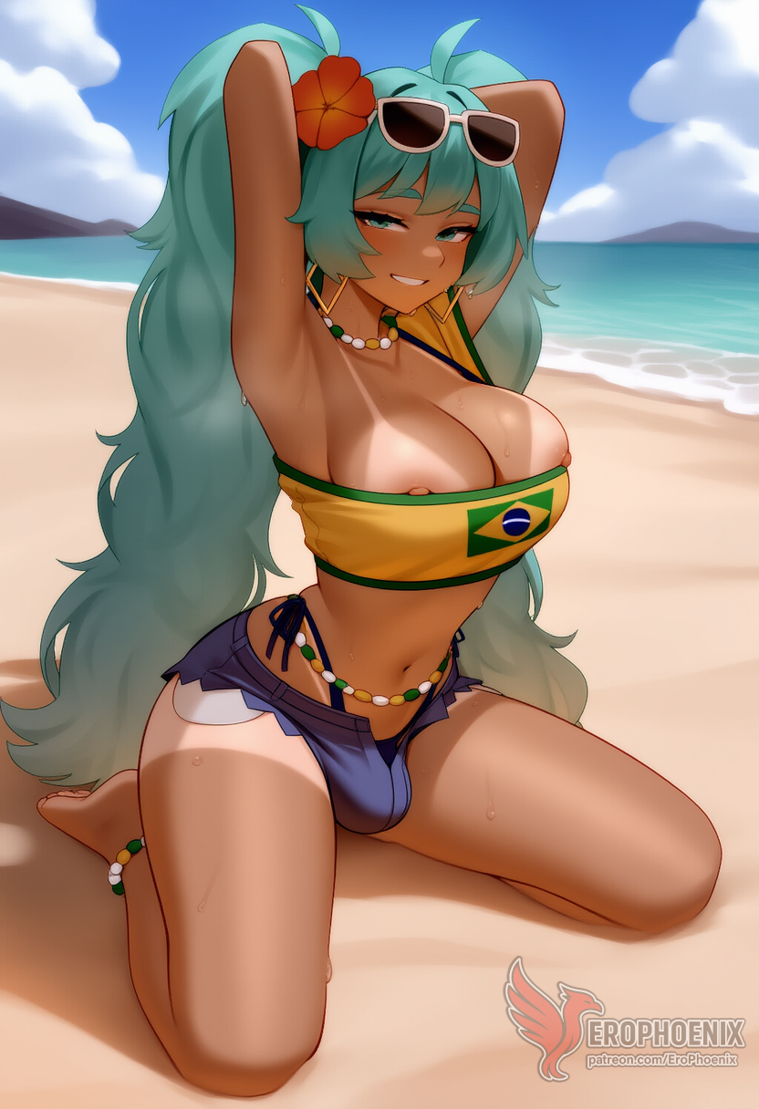 1girls 2d ai_generated aqua_hair armpits ass barefoot big_ass big_breasts bikini bracelet brazilian_miku breasts dark-skinned_female earrings erection erophoenix eyewear_on_head feet full_body futanari grin hair_flower hair_ornament hatsune_miku huge_breasts jewelry kneeling large_penis long_hair looking_at_viewer looking_back nail_polish patreon_username penis shorts smile soles solo solo_female sunglasses swimsuit tan tellow_shirt testicles thick thick_thighs toes uncensored vocaloid