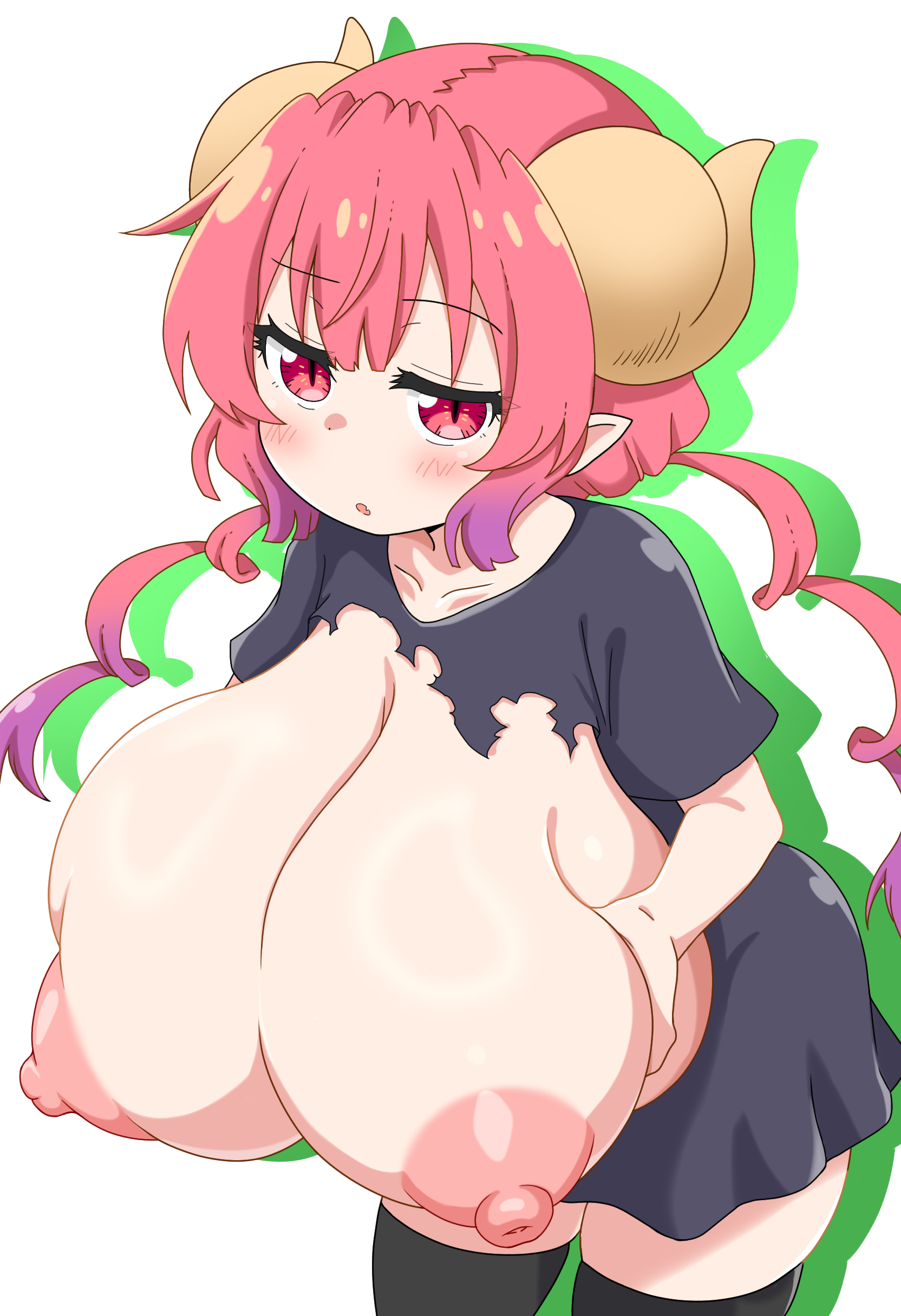 1girls, areolae, big breasts, black thighhighs, blush, breast focus, breasts, dress shirt, female, female only, hair, hands on breasts, horns, huge breasts, ilulu (dragon maid), large breasts, miss kobayashi's dragon maid, nipples, pointy ears, presenting, presenting breasts, red eyes, red hair, ripped clothing, shortstack, solo, solo female, takaiwaeitoku, thighhighs, thighs, white background