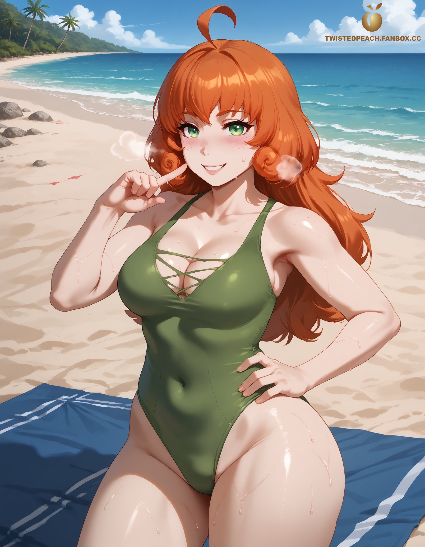 ai generated, android, android girl, ass, beach, blush, breasts, busty, female, finger on chin, ginger, ginger hair, green eyes, hand on hip, large ass, large breasts, one-piece swimsuit, orange hair, penny polendina, pose, posing, posing for the viewer, rwby, sweat, sweating, swimsuit, swimwear, tagme, tight clothing, twistedpeach, visible breath, voluptuous female, wide hips