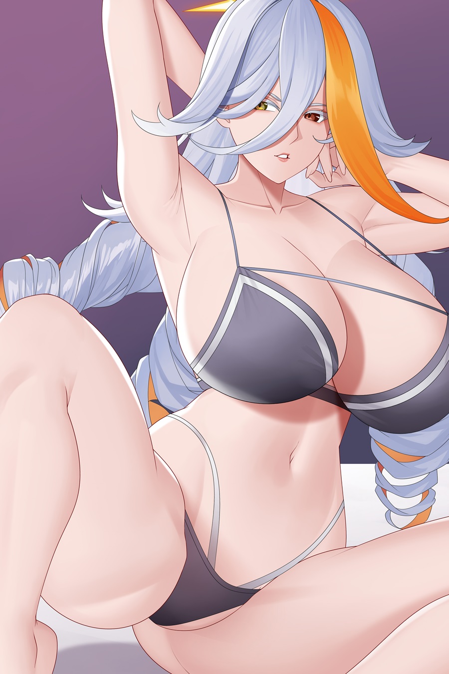 armpits, arms behind head, aslindsamure, baldr (fire emblem heroes), bare legs, bare shoulders, bare thighs, breasts, deity, female, fire emblem, fire emblem heroes, goddess, halo, large breasts, nintendo, orange eyes, orange hair, thighs, underwear, white hair, yellow eyes