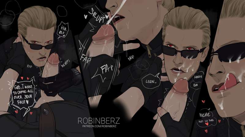 2d age_difference albert_wesker blonde_hair cum cum_in_mouth cum_on_face cumshot dialogue gay gay_blowjob handjob leon_scott_kennedy licking_cum licking_lips red_eyes resident_evil robinberz sunglasses tagme