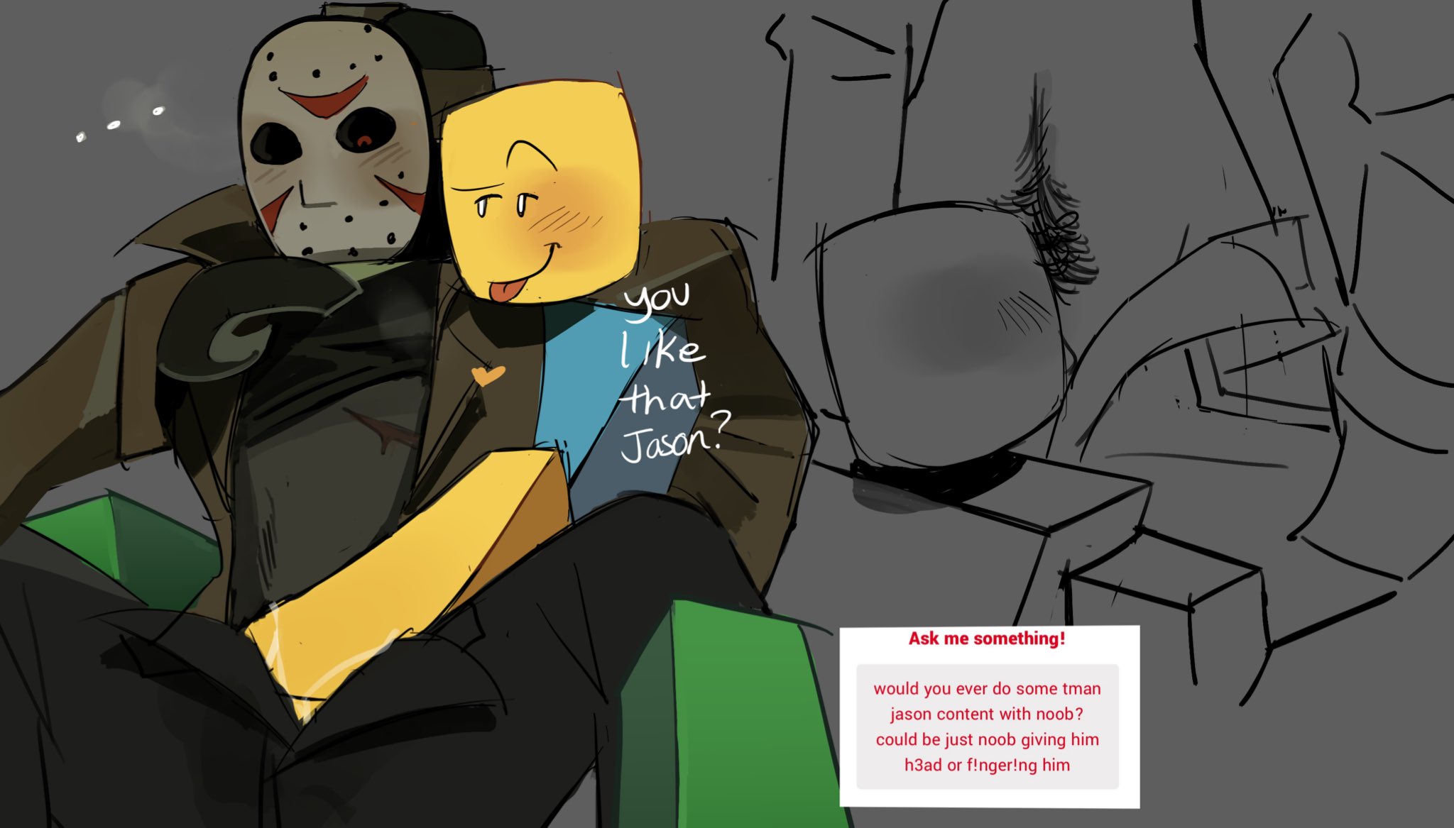 ..., 2boys, blocky body, blush, cunnilingus, cuntboy, cuntboy/male, english text, fingering, forsaken (roblox), gay, intersex, jason (forsaken), jason voorhees, male, mastectomy scar, noob (roblox), request, roblox, roblox game, robloxian, sabobond, strawpage request, tagme, text, yaoi