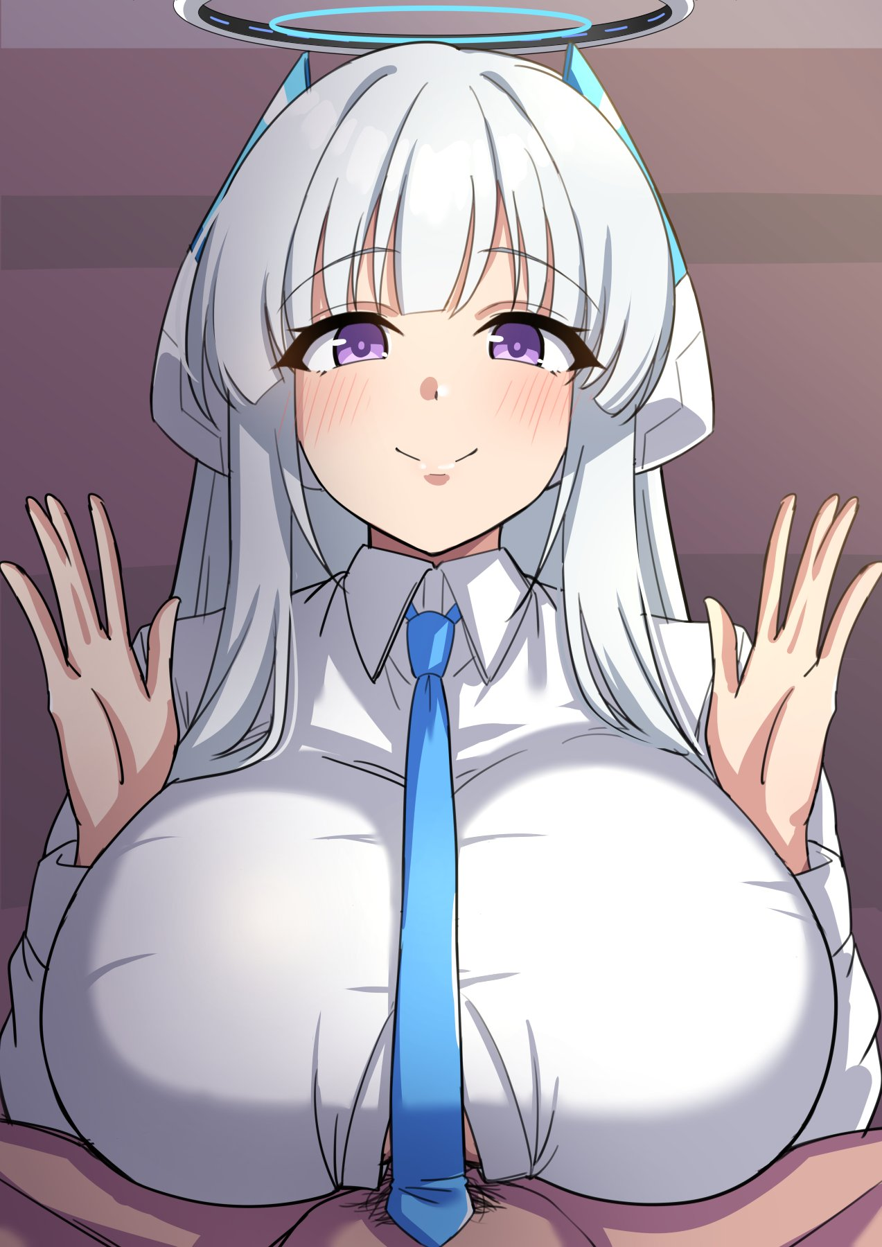 1boy, 1girls, blue archive, blush, breasts, clothed female nude male, dark-skinned male, engulfing paizuri, female, garukichi, halo, handsfree paizuri, headgear, hi res, huge breasts, looking at viewer, male, necktie, noa (blue archive), paizuri, paizuri under clothes, pov, pubic hair, purple eyes, smile, straight, very long hair, white hair, white shirt