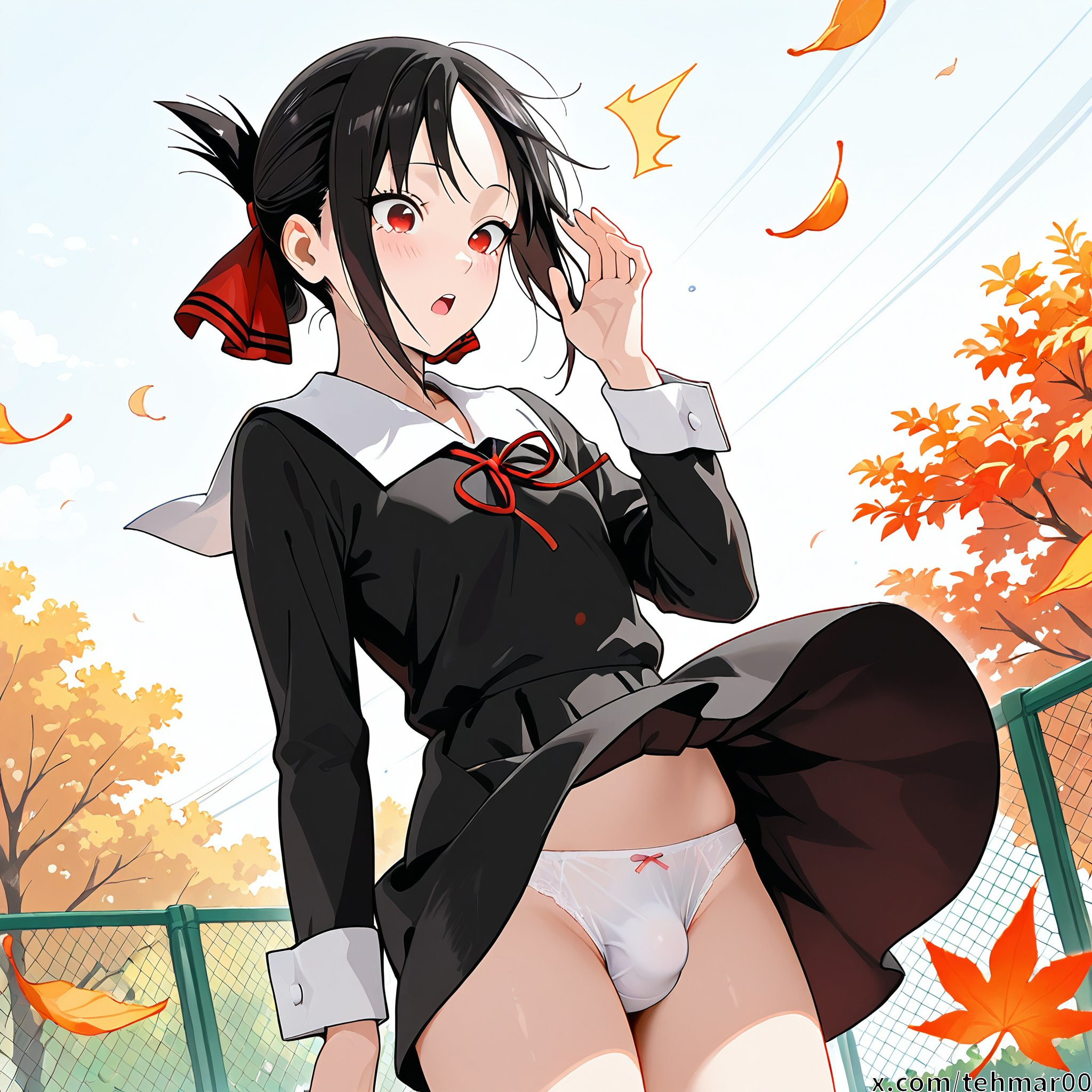 1boy, accidental exposure, ai generated, black dress, black hair, bulge, dress lift, femboy, flat chest, genderswap, genderswap (ftm), kaguya-sama wa kokurasetai ~tensai-tachi no renai zunousen~, male, outdoors, panties, red eyes, ribbon, rule 63, shinomiya kaguya, shuuchiin academy school uniform, solo, standing, surprised, tagme, tehmar, trans woman, transfem, trap, wind