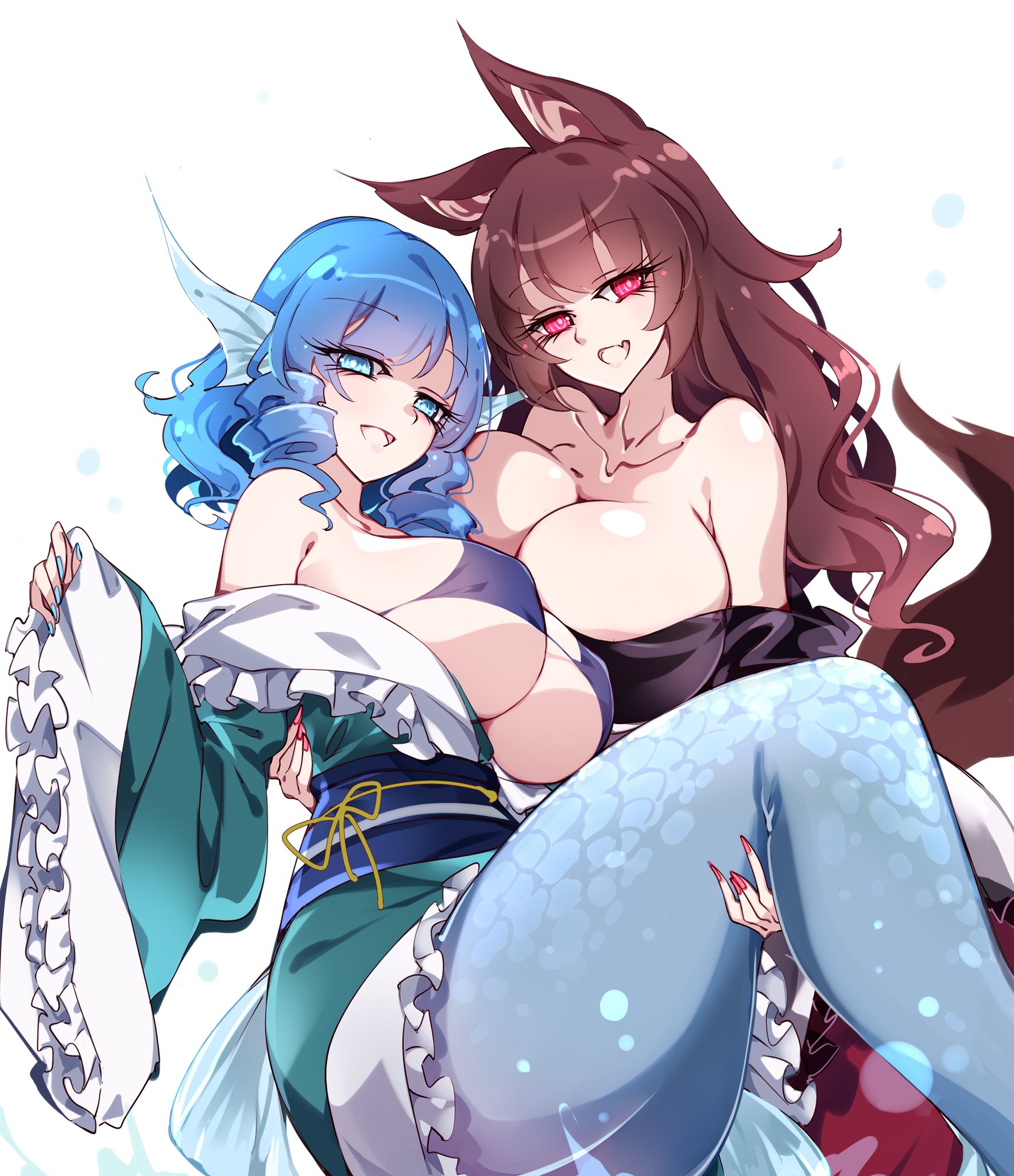 2girls, animal ears, big breasts, bikini top, blue eyes, blue hair, blue nails, breasts, brown hair, cleavage, clothed female, female, female only, fin ears, huge breasts, kagerou imaizumi, kemonomimi, kimono, light skin, light-skinned female, long fingernails, long hair, medium hair, merfolk, mermaid, mermaid tail, nipple bulge, raptor7, red eyes, red nails, tail, touhou, wakasagihime, werewolf, white background, wolf ears, wolf girl, wolf tail