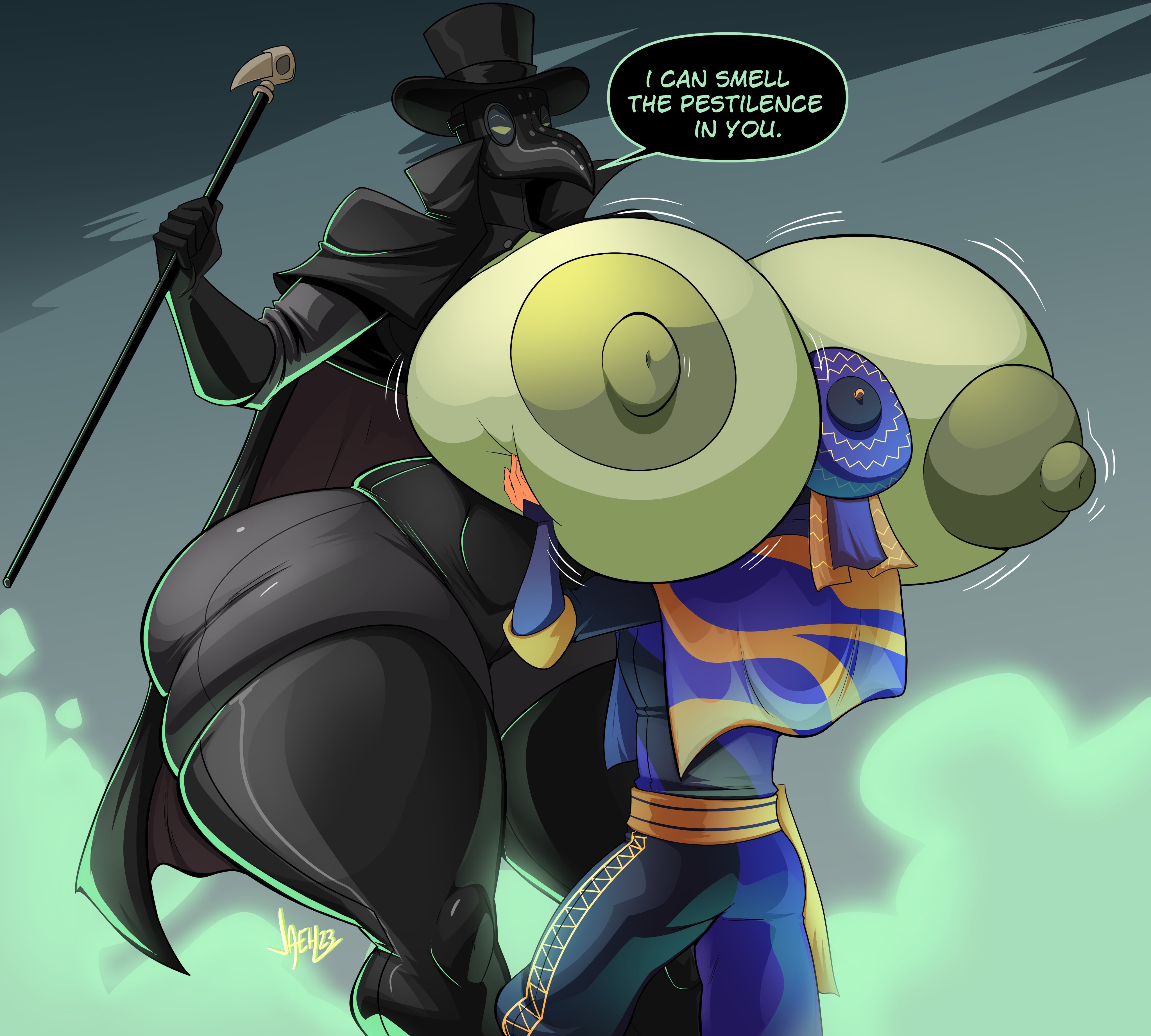 anonymous character, bare breasts, big breasts, breast smother, breasts, female, giant breasts, gigantic breasts, holding breasts, huge breasts, jaeh, large breasts, massive breasts, plague doctor, tagme, thick thighs, thighs