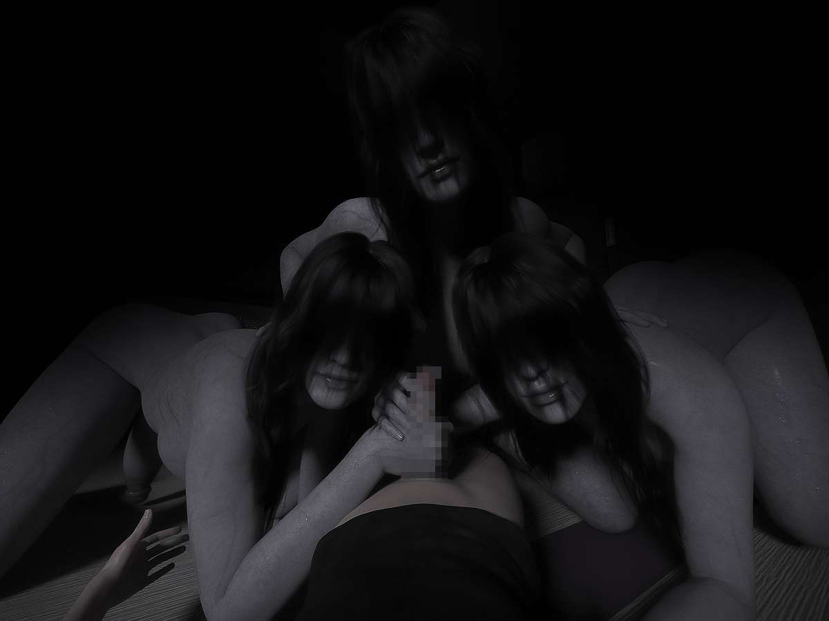 1boy 3d 3futas breasts censored futanari ghost grey-skinned_futanari grey_skin misuzalha3d penis_grab the_onryo_(misuzalha3d)