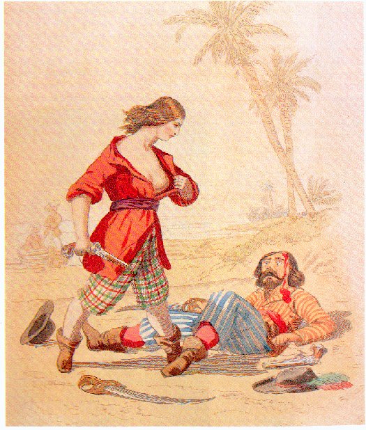 blood boots breasts brown_hair headwear_removed history knife mary_read open_shirt pirates plaid_pants striped_legwear woman