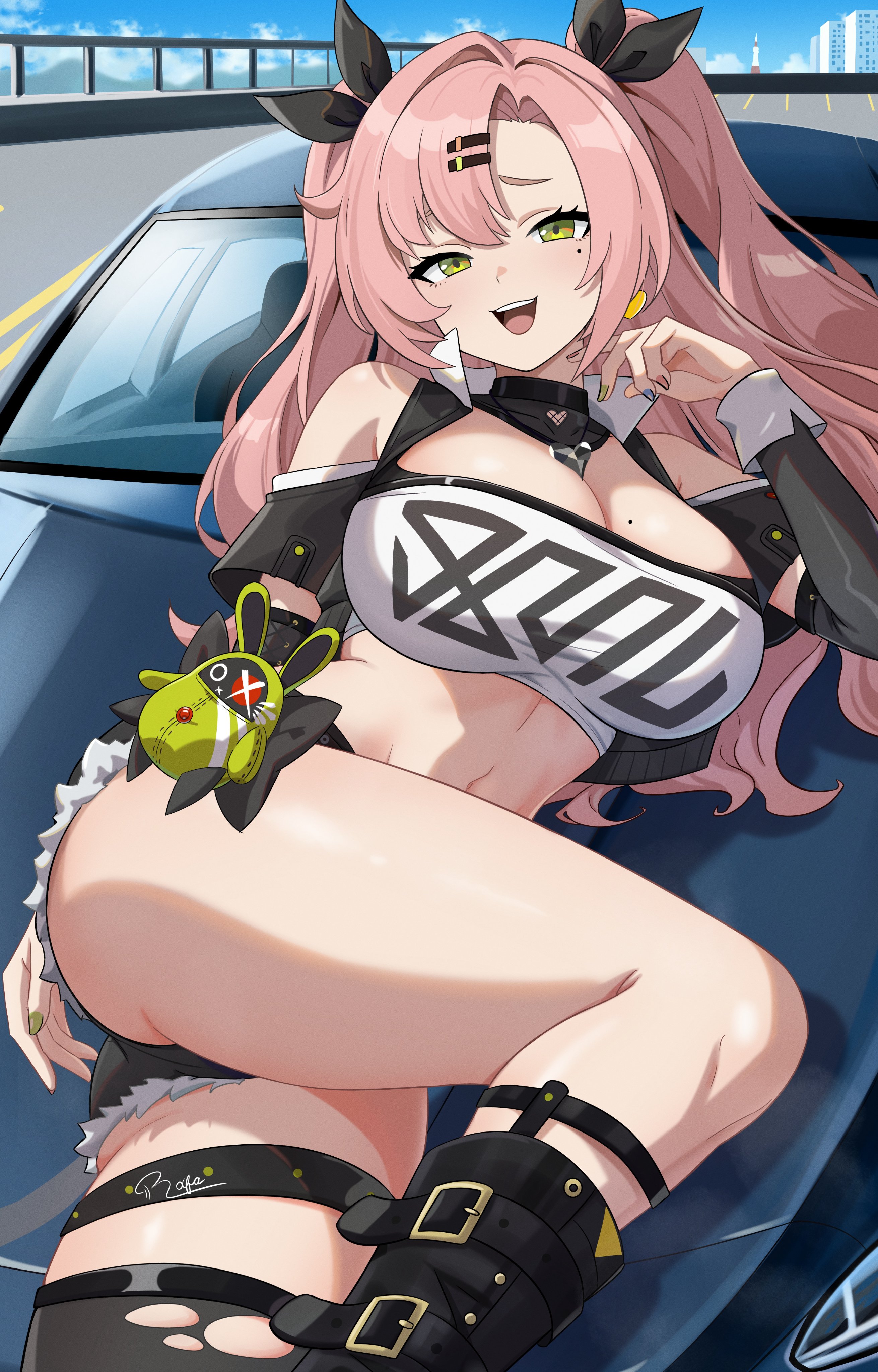1girls, big breasts, black shorts, black thighhighs, boots, breasts, car, crop top, ear piercing, earrings, female, female only, footwear, green eyes, hair, hair ornament, hairclip, heart earrings, huge breasts, legwear, lips, long hair, mole, mole on breast, multicolored nail polish, multicolored nails, nail polish, nails, necklace, neckwear, nicole demara, pink hair, ribbon, short shorts, shorts, solo, solo female, string rafart, thick thighs, thigh strap, thighhighs, thighs, twintails, vehicle, zenless zone zero