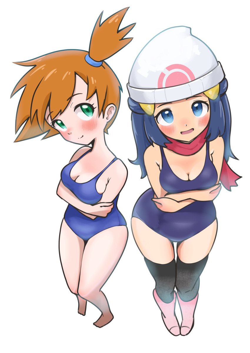 2girls, beanie, blue eyes, blue hair, blue one-piece swimsuit, blue swimsuit, blush, breasts, cleavage, dawn (pokemon), female, female only, green eyes, hat, human, human only, kasumi (pokemon), light skin, light-skinned female, long hair, looking at viewer, microsd (artist), multiple girls, one-piece swimsuit, orange hair, pokemon, scarf, short hair, smile, thighs, white background