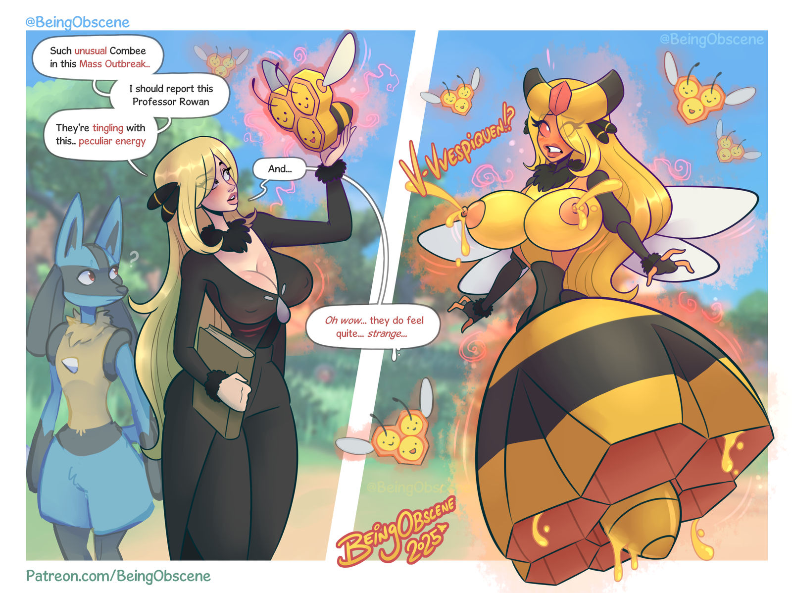 1girls, 2024, abdomen growth, all fours, animal humanoid, antenna growth, antennae (anatomy), anthro, anthrofied, arthropod, arthropod abdomen, arthropod abdomen growth, arthropod humanoid, ass, bee, bee girl, bee humanoid, beingobscene, bell, bell collar, big breasts, bite, biting lip, biting own lip, blush, bodily fluids, bottomwear, breast expansion, breast growth, breast growth (enlargement), breasts, butt expansion, clothing, collar, combee, cowbell collar, cynthia (pokemon), day, dialogue, digital media (artwork), egg, egg laying, english text, exoskeleton, expansion, female, female only, fence, food, growth, heart eyes, heart symbol, hi res, honey (food), honeycomb, huge breasts, human, human to humanoid, humanoid, hymenopteran, hymenopteran humanoid, insect humanoid, insect wings, insects, jessica jack, lactating, lactating honey, looking back, lucario, mammal, mind control, naked, nintendo, nipples, nude, open mouth, outside, pants, pokemon, pokemon dppt, self bite, solo, species transformation, standing, surprised, text, thick thighs, thigh expansion, torn clothing, transformation, unusual bodily fluids, unusual lactation, vespiquen, wing growth, wings