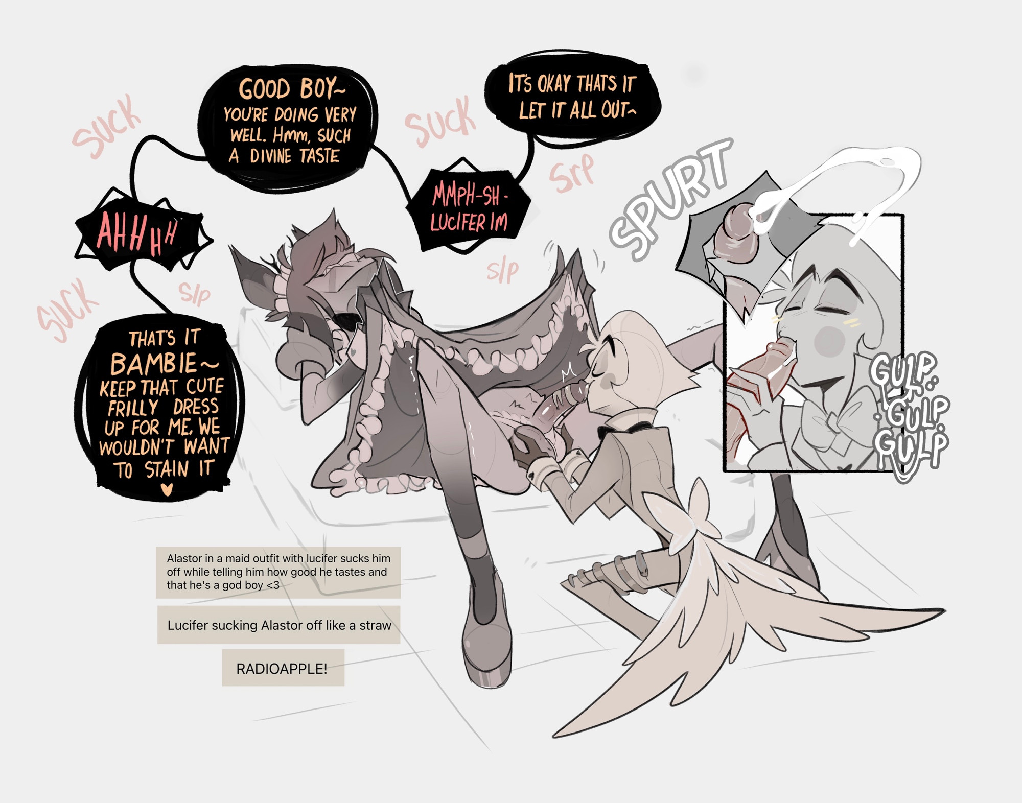 2boys, 2male, alastor (hazbin hotel), balls, biting lip, butler uniform, craxkers, cum, cum drinking, cum in mouth, fondling balls, half naked, hazbin hotel, long tongue, lucifer morningstar (hazbin hotel), maid uniform, moaning, muffled moaning, panties, penis, praise, skirt lift, sucking, trembling, yaoi