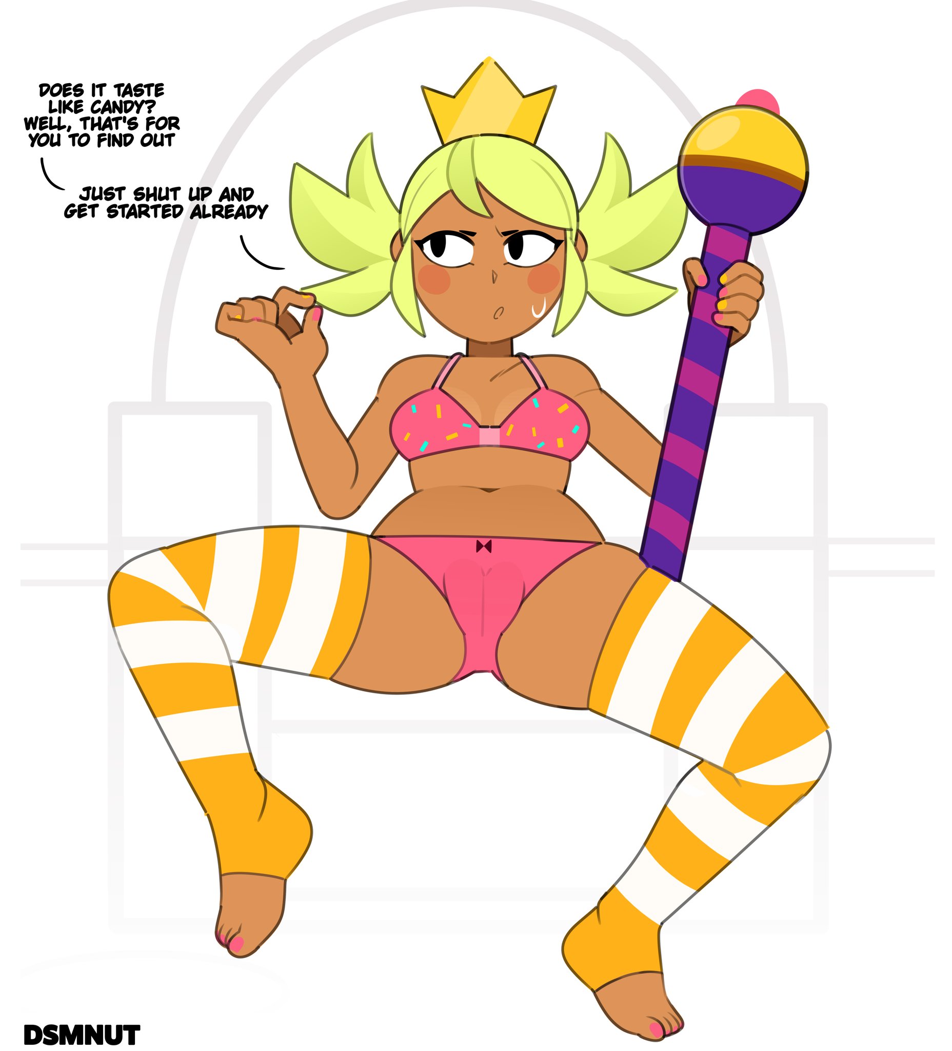 bra, brawl stars, brown body, dialogue, dsmnup, green hair, mandy (brawl stars), panties, thick thighs