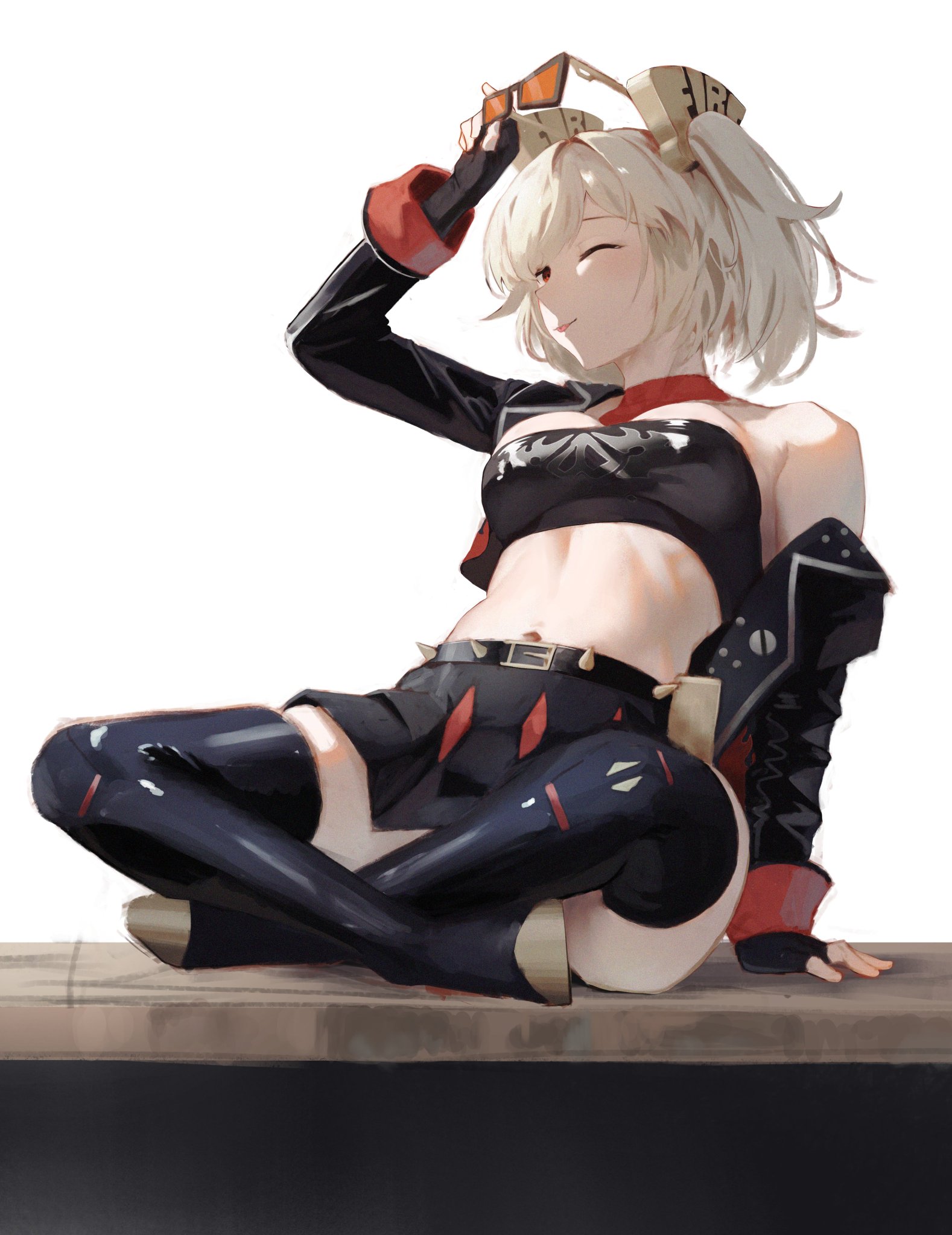 artist request, blonde hair, burnice white, crossed legs, fully clothed, glasses, leaning, leaning back, mzk yoru, navel, sitting, skirt, smiling, sunglasses on head, thighhigh boots, thighhighs, thighs, twintails, wink, zenless zone zero