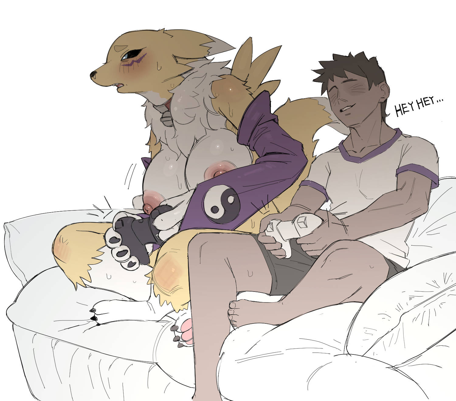 1boy, 1girls, 2026, 2d, 2d (artwork), 2d artwork, anthro, anthro female, bandai namco, blush, blushing, blushing female, clothed, clothed male nude female, clothing, color, colored, couch, digimon, digimon (species), english, english text, eyeless male, fur, gaming, gaming controller, jingzhou14848, renamon, text, zhou135627