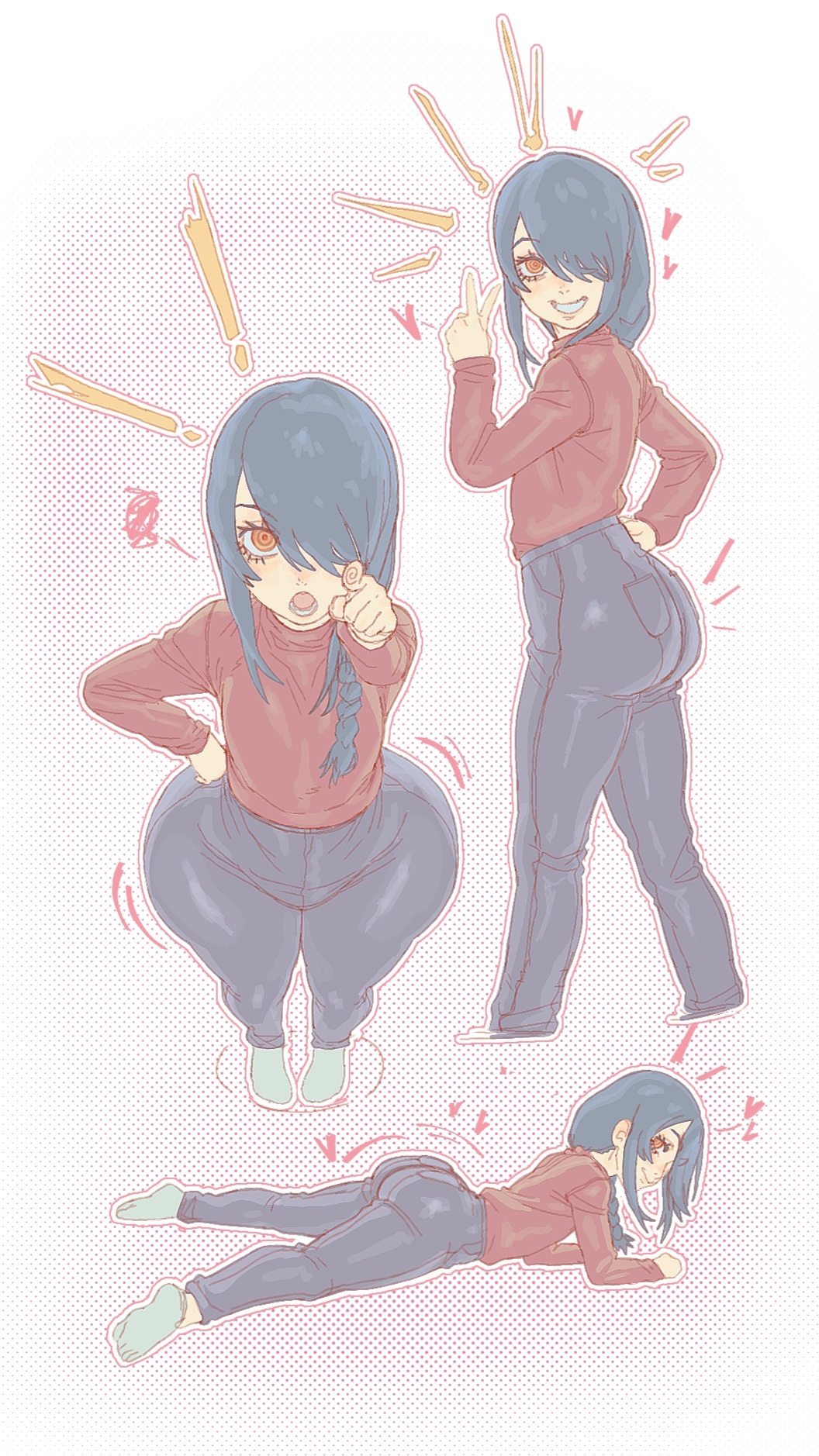 1girls, ass focus, big ass, black hair, bottom heavy, braided hair, bubble butt, chainsaw man, flat chest, flat n thick, hips wider than shoulders, huge ass, jeans, laying down, looking at viewer, nayuta (chainsaw man), one eye closed, orange hair, peace sign, planktiton, pointing at viewer, shortstack, smug, smug face, tight clothing, wide hips