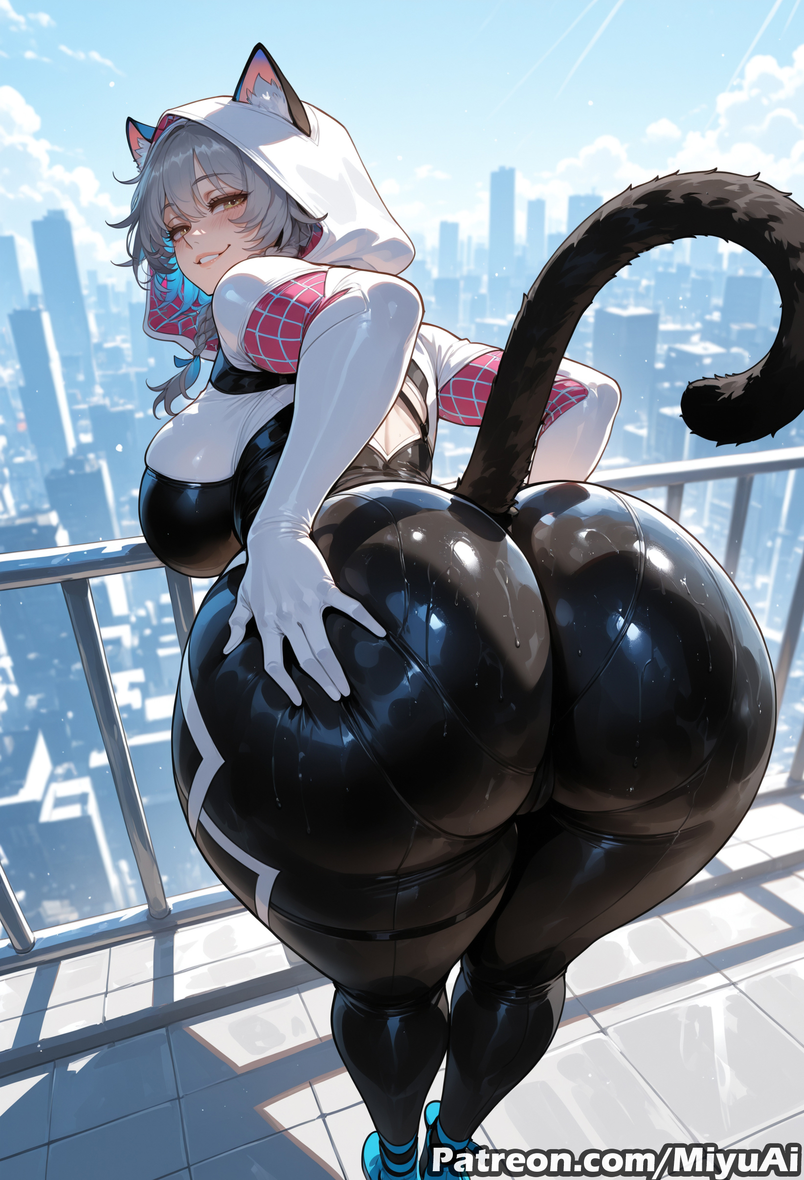 1girl, 1girls, ai assisted, ai generated, animal ears, animal hood, ass, ass focus, bent over, big breasts, blue eyes, boots, breasts, cat ears, cat girl, cat tail, catgirl, cipher (honkai: star rail), cosplay, curvaceous, curvy, curvy female, curvy figure, day, female, female only, from behind, gloves, grey hair, gwen stacy (cosplay), honkai: star rail, hood, huge ass, huge breasts, large breasts, light-skinned female, looking at viewer, looking back, miyuai, patreon reward, skin fang, sky, smile, solo, tail, thick, thick ass, thick butt, thick hips, thick legs, thick thighs, thighs, uncensored, voluptuous, voluptuous female, wide hips, wide thighs