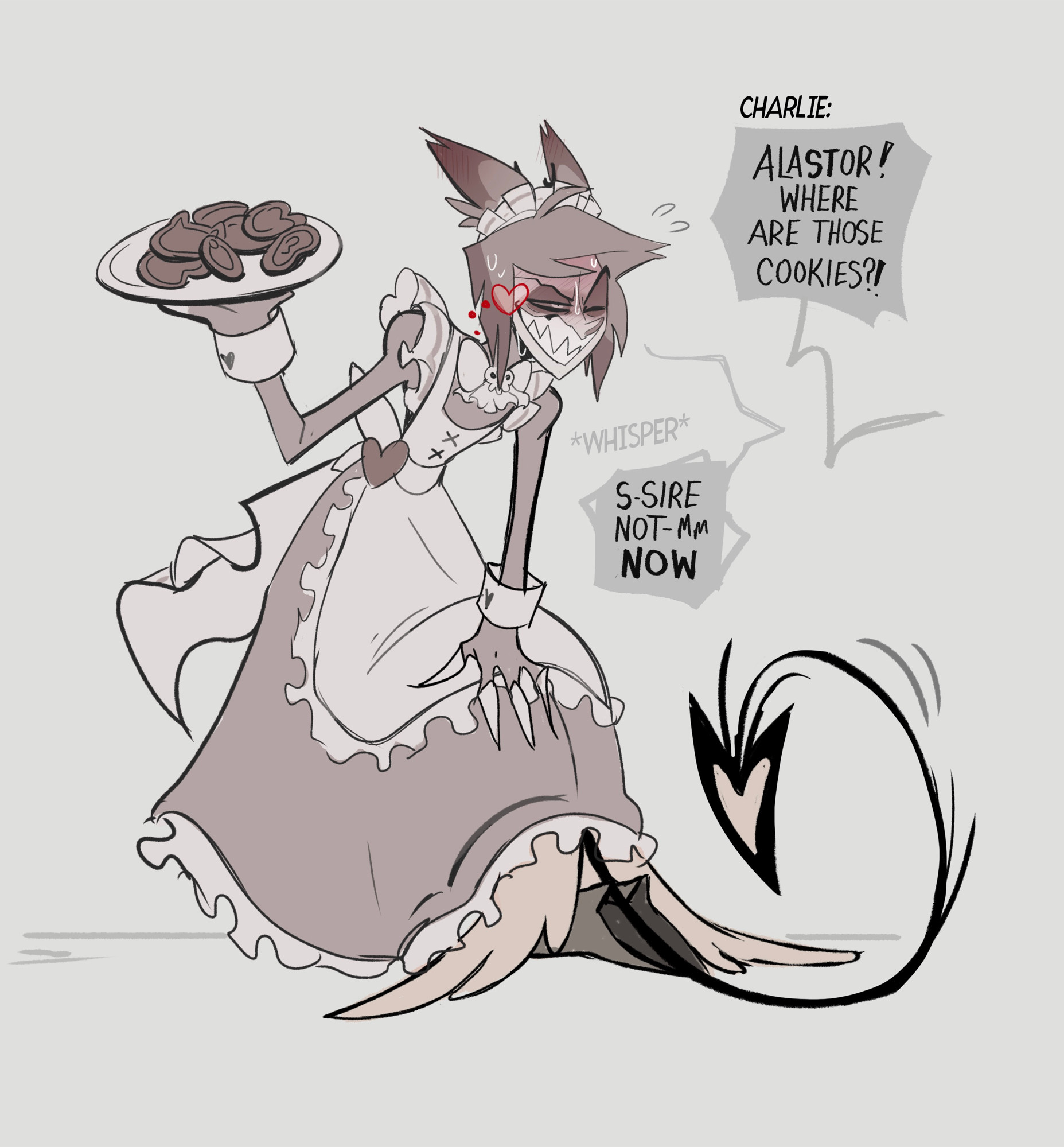 2boys, 2male, alastor (hazbin hotel), almost caught, craxkers, flustered, handjob, hazbin hotel, lucifer morningstar (hazbin hotel), maid cafe, maid uniform, muffled, semi-public, sucking, tail, under skirt, waiter, whispering, yaoi