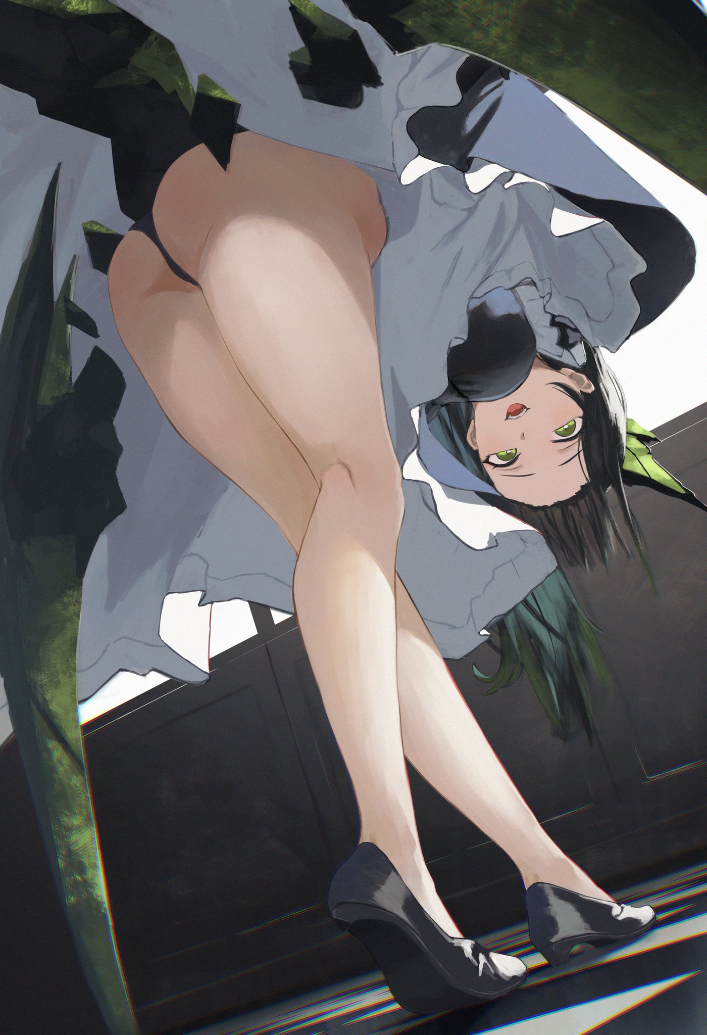 1girls, animal ears, animal tail, arknights, artist request, ass, black hair, black panties, fully clothed, green eyes, maid, maid uniform, mon3tr (arknights), mzk yoru, panties, shoes, sole female, solo, solo female, thighs