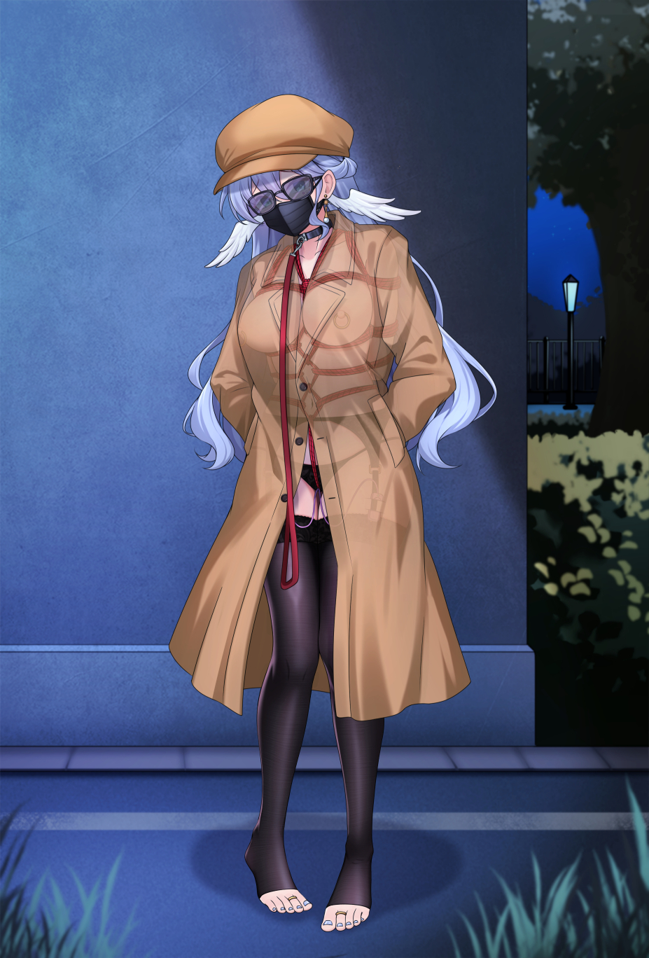 1girls, barefoot, bondage, bondage under clothes, coat, collar, exhibitionism, face mask, glasses, hat, hidden bondage, hidden sex, honkai (series), honkai: star rail, leash, mask, nipple piercing, nipple rings, public, public bondage, public exposure, public humiliation, robin (honkai: star rail), vibrator, vibrator in pussy, vibrator under clothes