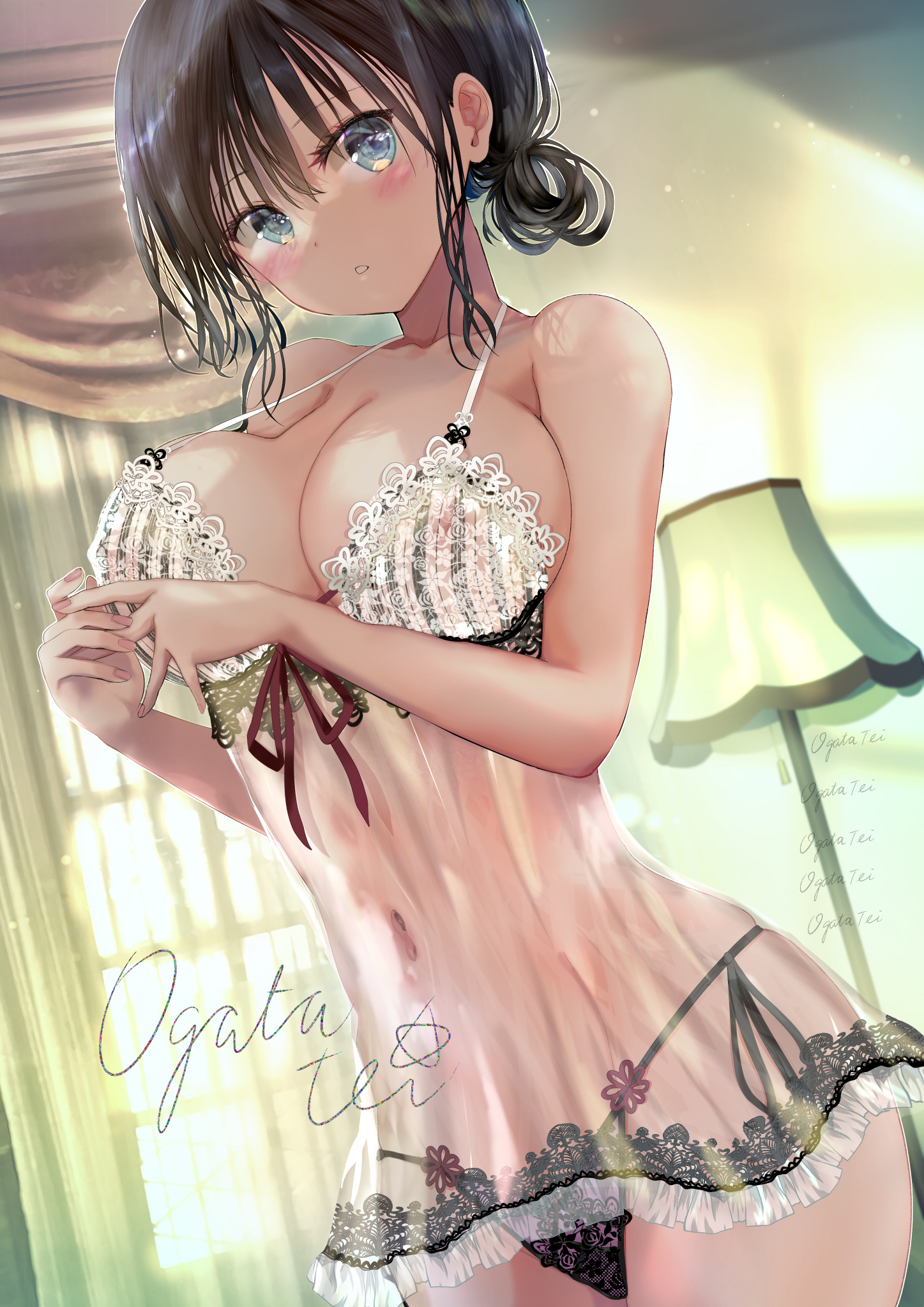 artist name, bare arms, bare shoulders, bedroom, black hair, black panties, blue eyes, blurry, blurry background, blush, bow, bow panties, bra, breasts, camisole, cleavage, cleavage cutout, closed mouth, clothing cutout, collarbone, covered erect nipples, cowboy shot, curtains, day, depth of field, dress, english text, female, frilled camisole, frills, hair between eyes, hair bun, hands on own chest, head tilt, highres, huge breasts, indoors, lace, lace trim, lace-trimmed bra, lace-trimmed camisole, lace-trimmed panties, lamp, large breasts, lingerie, long hair, looking at viewer, medium breasts, midriff, navel, nipple slip, nipples, no pants, ogata tei, original, own hands together, panties, parted lips, red ribbon, revealing clothes, ribbon, see-through bra, see-through camisole, see-through clothes, see-through panties, shadow, short hair, side-tie panties, sidelocks, signature, skirt, sleeveless, smile, solo, standing, stomach, string panties, sunlight, suspender skirt, suspenders, thighs, underwear, underwear only, upper body, wet, wet hair, white panties, window
