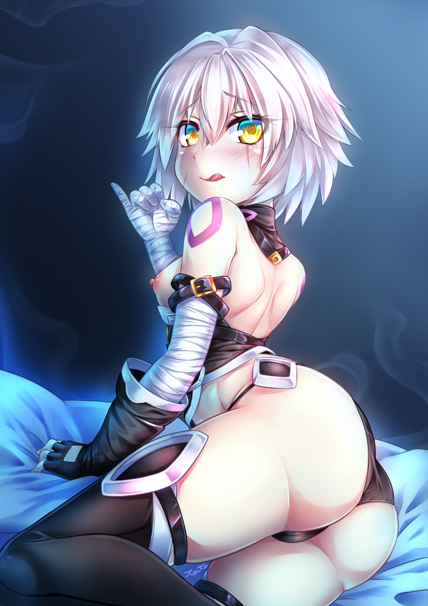 :q ass assassin_of_black back bandage bandaged_arm bare_back bed belt black_legwear black_panties blush commentary_request curvy embarrassed fate/apocrypha fate/grand_order fate_(series) female fingerless_gloves from_behind gesture green_eyes grey_hair highres horny jack_the_ripper_(fate/apocrypha) laying licking_lips looking_at_viewer looking_back miyabi_urumi on_bed panties petite scar scar_across_eye scar_on_cheek short_hair solo thighhighs thighs tongue tongue_out underwear wide_hips