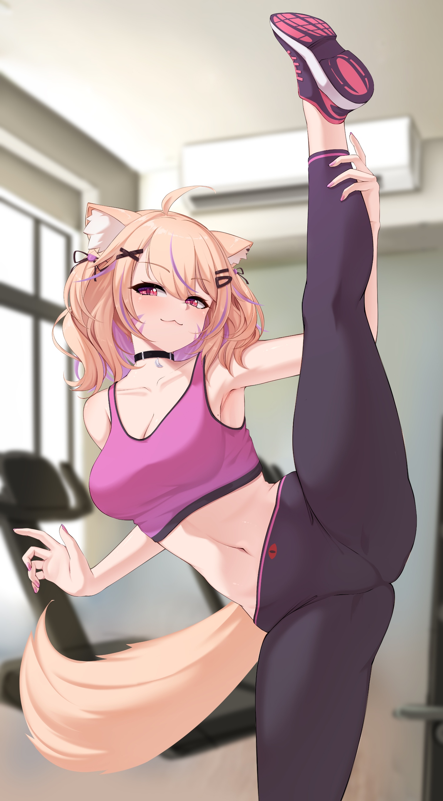 ahoge, animal ears, ass, bare shoulders, black choker, blonde hair, blurry, blurry background, blurry foreground, breasts, choker, cleavage, collarbone, depth of field, female, gym, hair ornament, hairclip, indie virtual youtuber, indoors, large breasts, leg lift, leg up, leggings, looking at viewer, midriff, navel, shoes, smile, sneakers, solo, split, sports bra, squchan (vtuber), standing, standing on one leg, standing split, stretch, tail, virtual youtuber, vtuber, vyugen