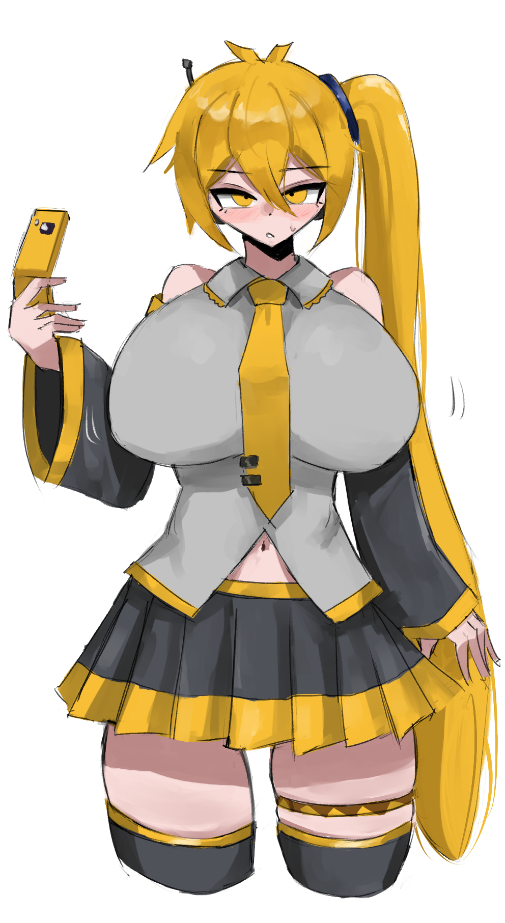 1girls, 2026, akita neru, bare shoulders, big breasts, blush, breasts, clothing, color, colored, digital media (artwork), doubleuww1, dress, fanloid, female, female only, hair, hi res, huge breasts, large breasts, long hair, looking at viewer, phone, ponytail, simple background, skirt, solo, stomach, sweat, sweatdrop, thick thighs, thighs, white background, www1 (artist), yellow eyes, yellow hair