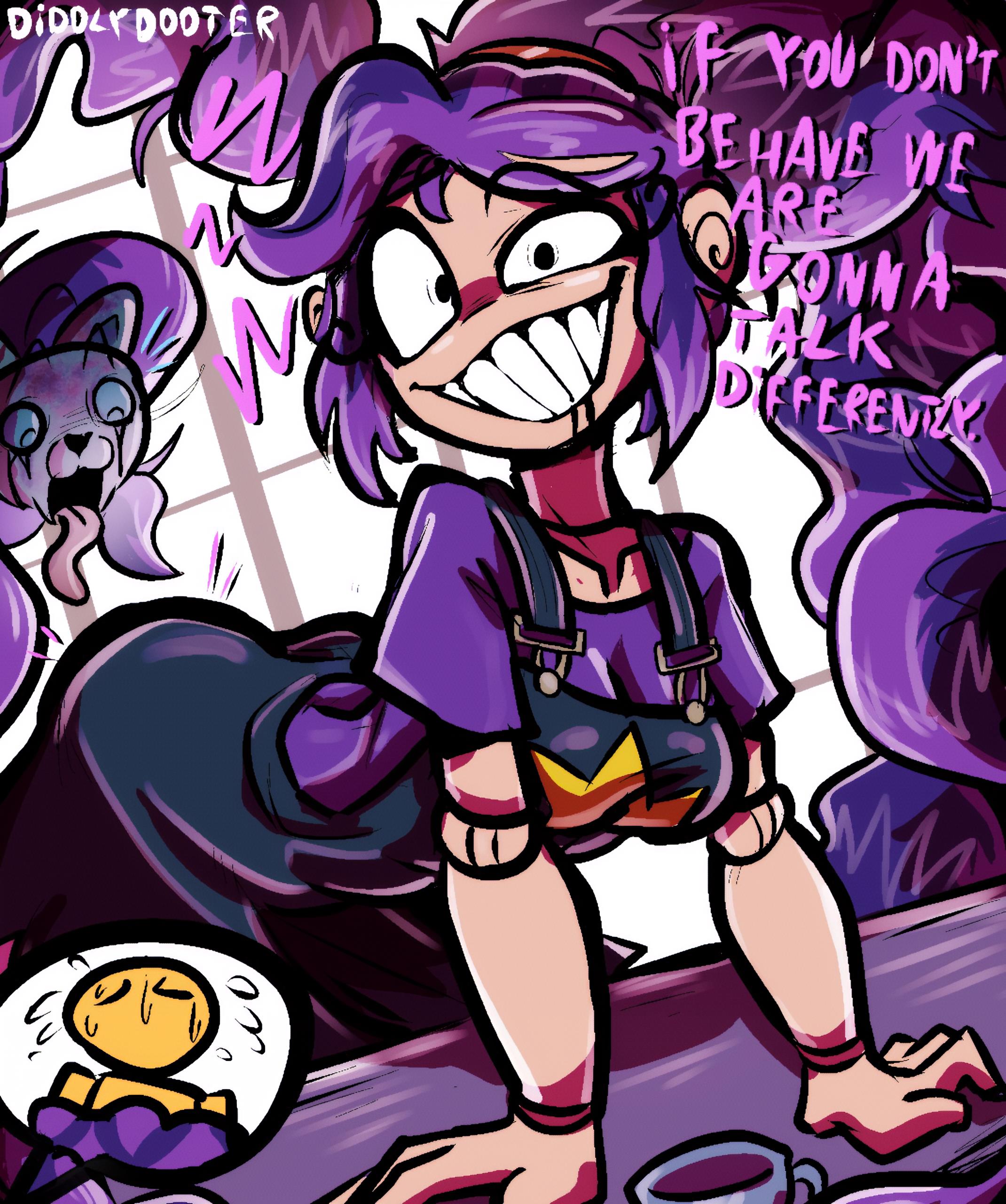 1boy, 1boy1girl, 1boys, 1female, 1female1male, 1girls, 1male, 1male1female, 2026, 2026s, 2d, 2d (artwork), 2d artwork, animate inanimate, artist name, artist signature, bent over, big breasts, black eyes, black overalls, black skirt, braid, braided hair, braided ponytail, braids, breasts, butcher (poppy playtime), candy cat (poppy playtime), cleavage, clothed, clothed female, clothing, crazy, crazy eyes, crazy smile, dialogue, diddlydooter1, digital art, digital drawing, digital drawing (artwork), digital media, digital media (artwork), digital painting, digital painting (artwork), doll, doll girl, doll joints, english, english dialogue, english text, eye contact, eyelashes, felid, feline, felis, female, female focus, female only, hair, hand on hip, head between thighs, humanoid, humanoid female, kneeling, lily lovebraids, living toy, long hair, looking at viewer, male, mob entertainment, mob games, no nose, on knees, overalls, perky ass, perky butt, player (poppy playtime), poppy playtime, poppy playtime (chapter 5), protagonist (poppy playtime), purple clothing, purple hair, purple shirt, purple text, shiny hair, shirt, simple background, skirt, smile, smiling, smiling at viewer, solo, solo female, solo focus, star (symbol), suspenders, table, tea cup, teeth, text, thighs, toy, very long hair, video games, window