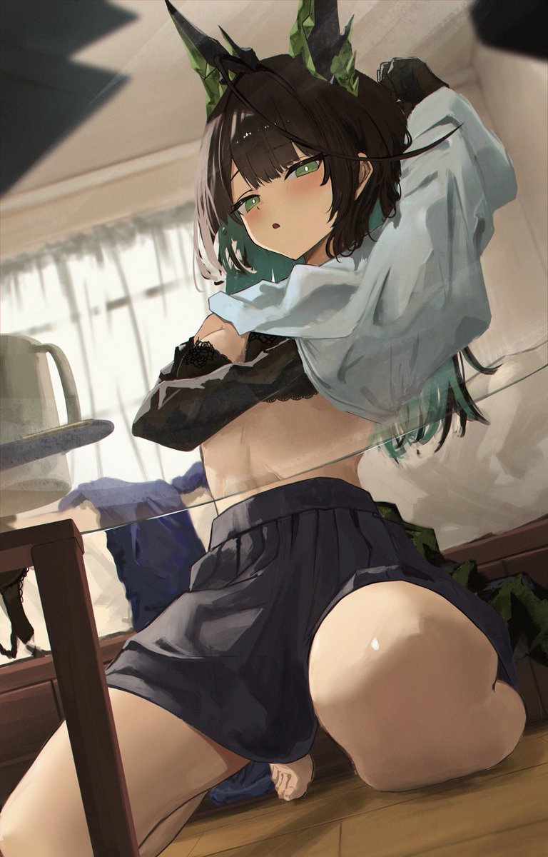 1girls, animal ears, arknights, artist request, black bra, black hair, bra, clothing, feet, green eyes, mon3tr (arknights), mostly clothed, multicolored hair, mzk yoru, shirt, shirt lift, skirt, sole female, solo, solo female, thighs, two-tone hair, undressing