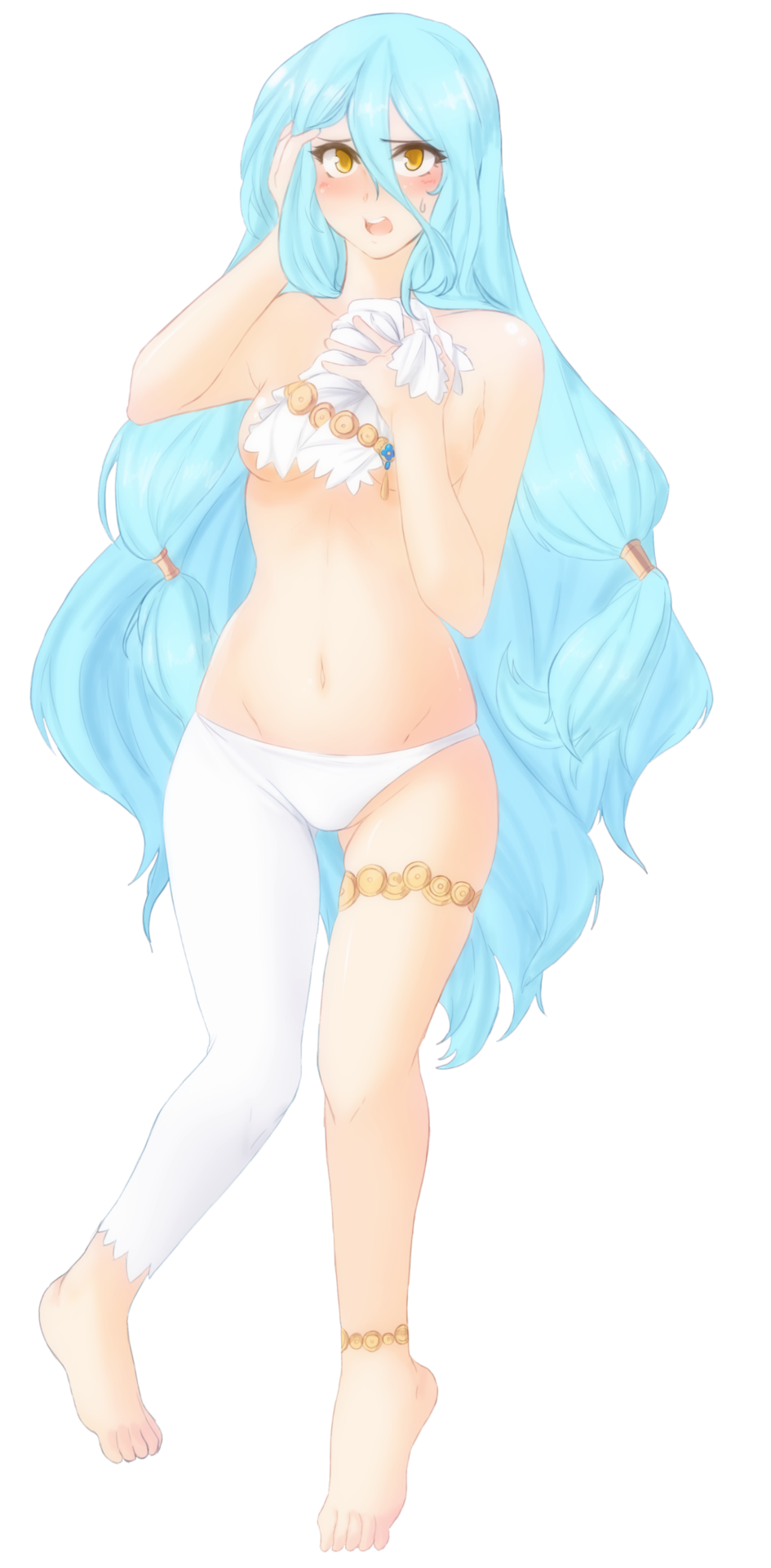 1girls azura_(fire_emblem) bare_arms bare_midriff bare_shoulders barefoot blue_hair blush breasts clothing covering covering_breasts embarrassed fire_emblem fire_emblem_fates hand_on_head long_hair midriff one_pantsleg open_mouth pants solo thigh_strap thighs transparent_background tridisart yellow_eyes