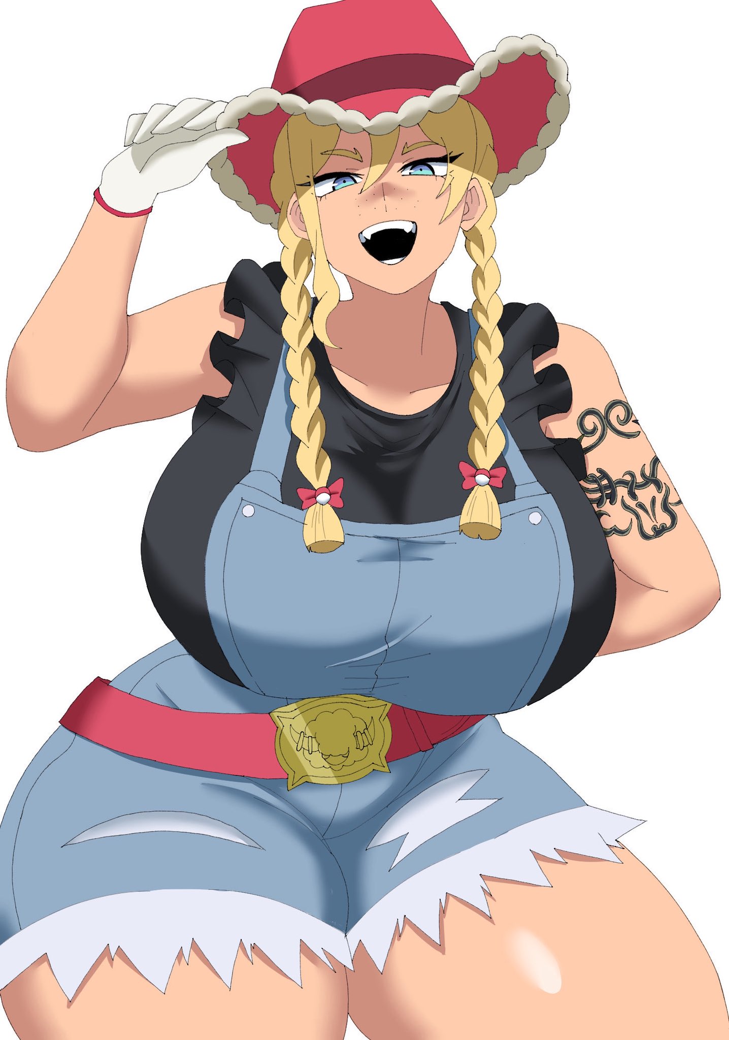 1girls, bare shoulders, blonde hair, blue eyes, braid, braided twintails, breasts, female, gloves, hat, huge breasts, kitt (pokemon), large breasts, looking at viewer, nasu (ilo a5), nintendo, open mouth, overalls, pokemon, pokemon champions, rucola (pokemon), shiny skin, simple background, solo, solo female, solo focus, tattoo, thick thighs, thighs, white background, white gloves