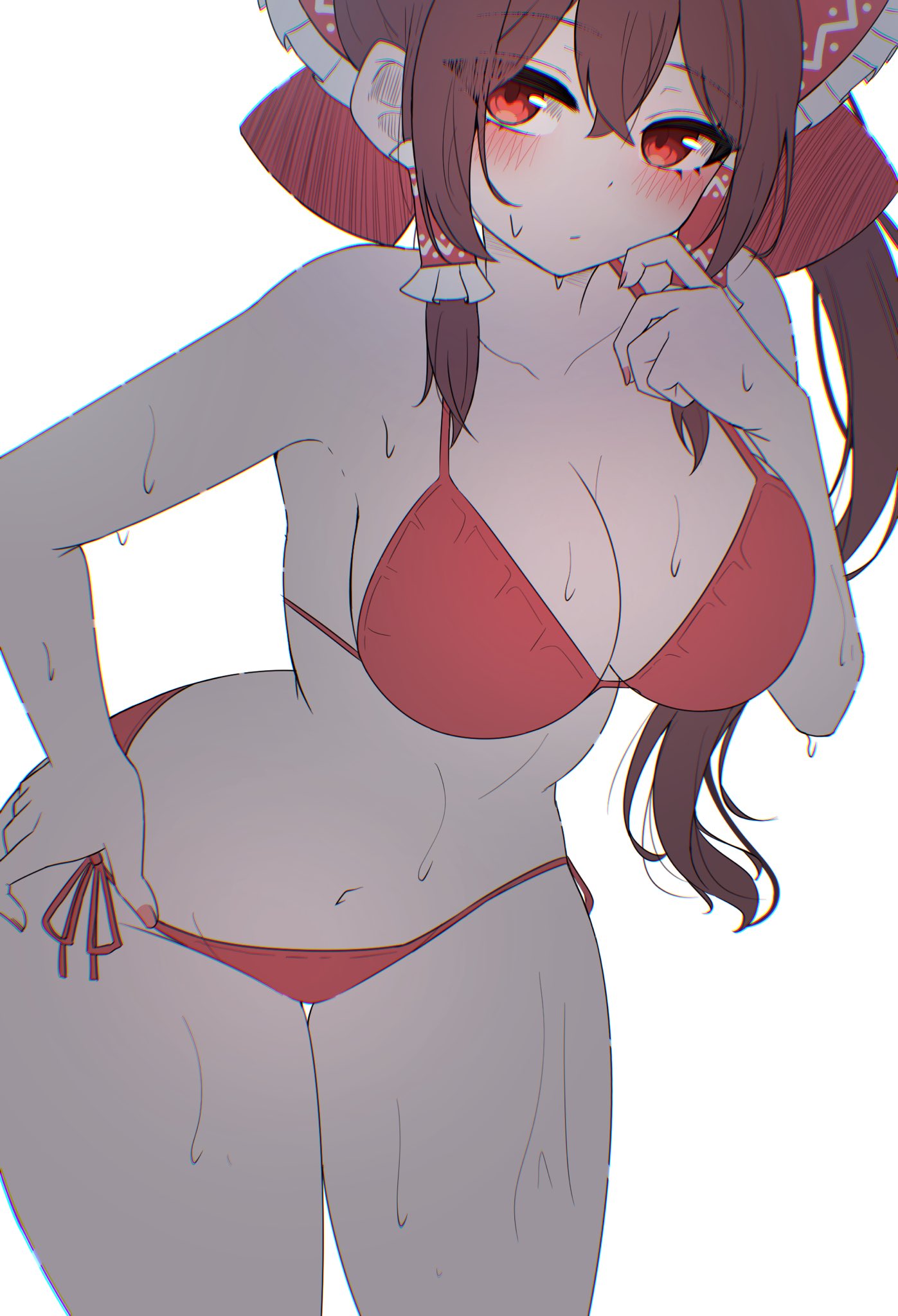 1girls, bikini, breasts, kiui (dagk8254), long hair, mikan7f, red bikini, red bikini bottom, red bikini top, red eyes, reimu hakurei, thighs, touhou, wide hips