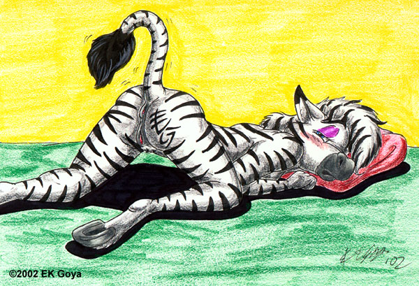 2002 anthro anus ass ass_up blush breast_rest breasts dipstick_ears ek_goya equine female half-closed_eyes hooves looking_at_viewer looking_back lying mammal nude on_front presenting presenting_hindquarters pussy raised_tail simple_background solo stripes tail_tuft tuft underhoof zebra